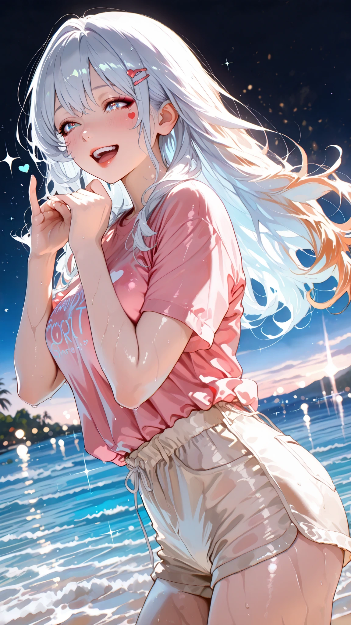 One beautiful girl,((Beautiful colored light, Sandy coast:1.4)), Sparkle in the eyes, Glossy lips, slender body, Sensual Body, 4 fingers, (pinky out , laughing, showing teeth), Beautiful skin that repels water, standing quietly surrounded by natural light, High Quality, Realistic Portraits, realistic texture, accurate depiction, Deep Focus,Brilliant Colors, Grace, elegant atmosphere, light blue hair, long hair, Heart hair clip, pink t-shirt, beige shorts, Wet, 
