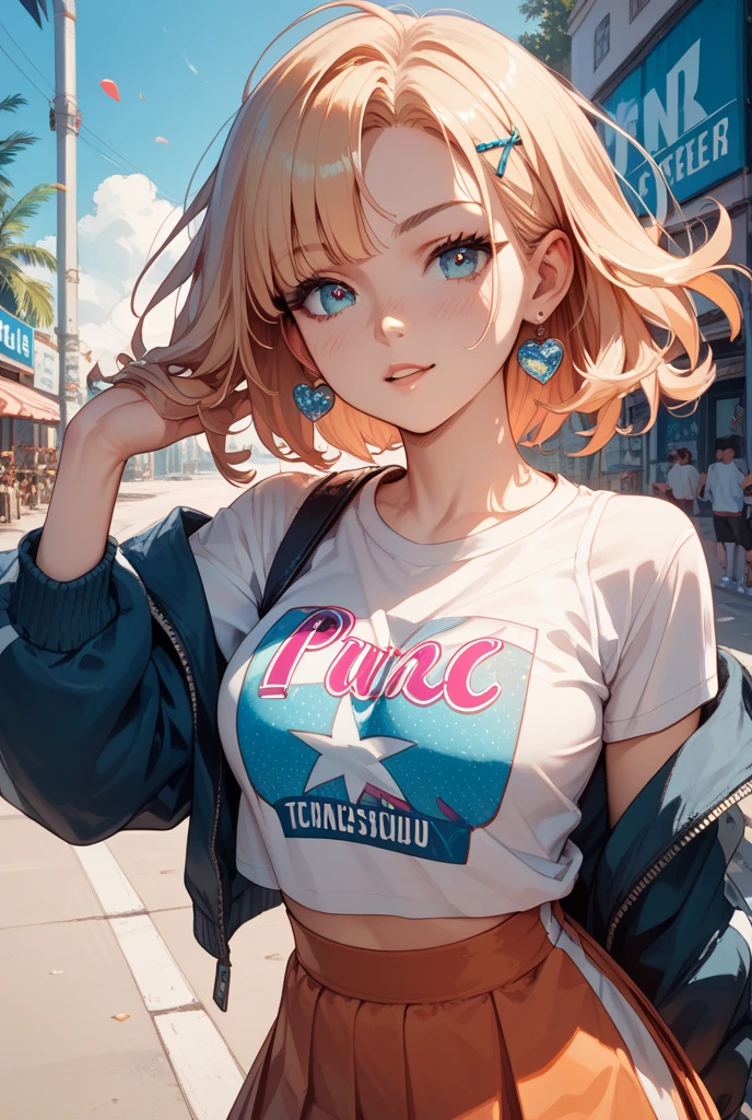 (Highest quality, 4K, High resolution, masterpiece:1.2), Fisheye Lens:1.3，Very detailed, One person, girl，Very short stature，Very thin thighs，(Ｊc , Pink short sleeve hoodie, Denim shorts), Turquoise Eyes、Blonde Hair、Short Hair、Cat ears of the same color as the hair、Belly button、Big white flower hair ornament、Flat 、Graffiti Comics,　Beautiful attention to detail, Baby Face，Beautiful lip detail, Long eyelashes, Vivid and vibrant color palette, bold typography, Detailed illustration of a heart symbol, Comic book style shading, Spray Paint Effect, cartoon elements, Heart Illustration, A bridge pier with colorful letters and illustrations, Urban Background.