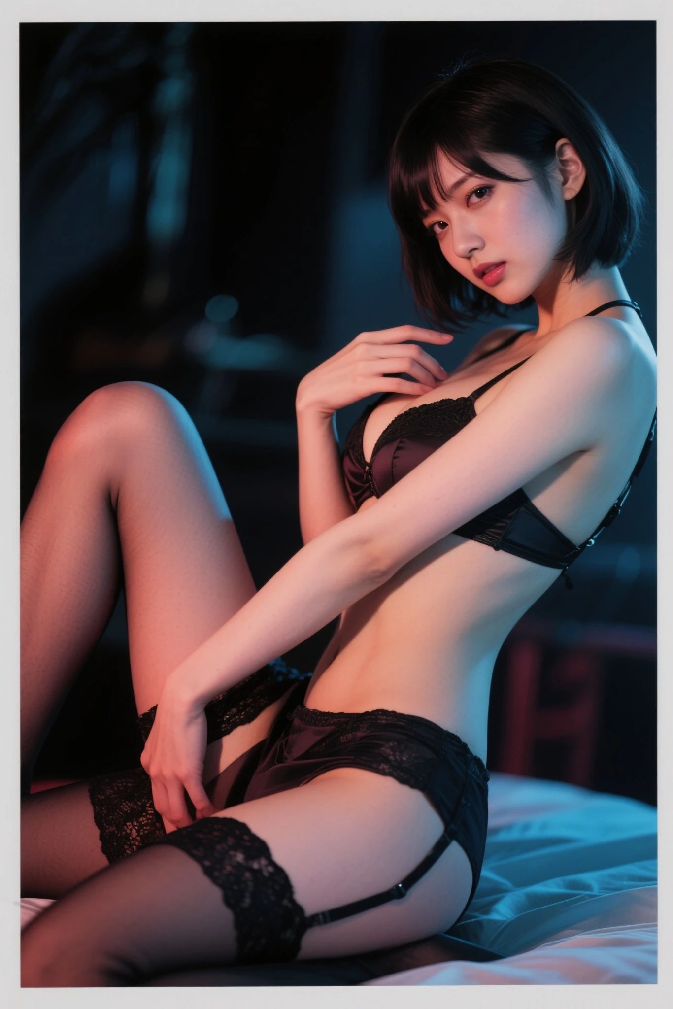 8K, Tabletop, (RAW Photos:1.10), Highest quality, (Realistic), Highly detailed CG Unity 8k wallpaper, Written boundary depth, Cinematic Light, Lens flare, Ray Tracing, (Very beautiful face, Beautiful Lips, Beautiful Eyes), An exquisitely crafted face, ((Highly detailed skin)) One Girl, In the Dark, Deep Shadow, Sailor Moon: Shui Bingyue, K-POPアイドル, 1 Girl, (Very slim, Toned, muscular body:1.3), ((Viewer Display)),(Big smile:1.3), (Midnight, Dark Night, (Neon Signs), (Blurred Background), Dim Light), (There is no one in the background:1.3), (guarantee:1.30)、Clear Eyes, Front Video, (Small :1.30)、(Very thin:1.30)、(Pale skin), (Big eyes), look forward to, (Full body shot), (Black-haired:1.30、short hair、Ear hook、No bangs:1.40), The beauty of reward:1.30、Open the navel, (Viewer Display:1.3), (Very slim), Very small :1.40, flat:1.40、(), Thick thighs, Turn back, ((Turn back, Back shot)),  Exposed :1.50, shot、thin bra laces:1.50,Very small ass、Firm Muscular 、