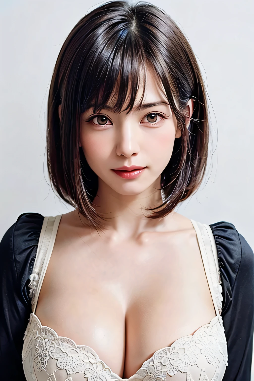 女の子1人、Shiny hair、A dark-haired、On-eyebrow bangs、Short Bob Cut Hair、Nicely aligned neckline、cute little、beatiful detailed eyes、Akame、Vampires、Teen、flat breast、small tits、White underwear、Wearing a black kimono、Squat movements、The main hall of the Japan Temple、Keep your back straight,Perfect Anatomy、depth of fields、Center the subject、（Photorealsitic：1.4）、fullllbody、extra detailed face、a scene from a movie、Natural Day Light