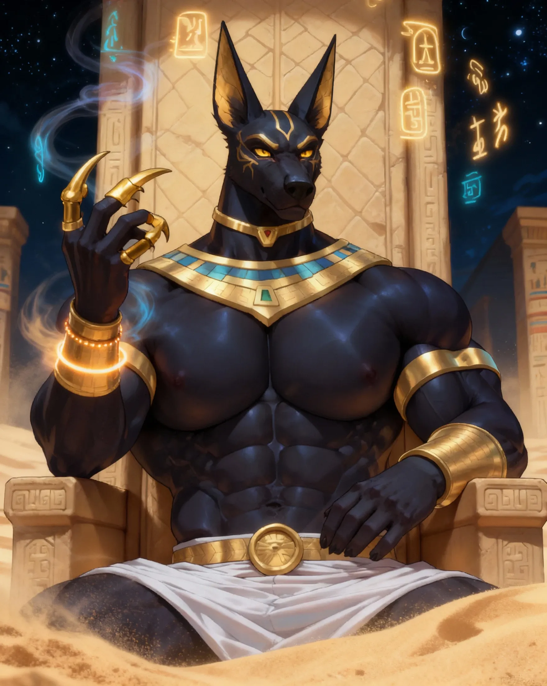 Upload on e621, by Garmash. ??????, extreme detailed, anthro male, muscles: 3.0, Hairless, Huge Pectoral Muscles: 1.1, Well-defined, Wide Shoulders, lying on a chair, Starry Sky, Night in Ancient Egypt, (big knot ????)