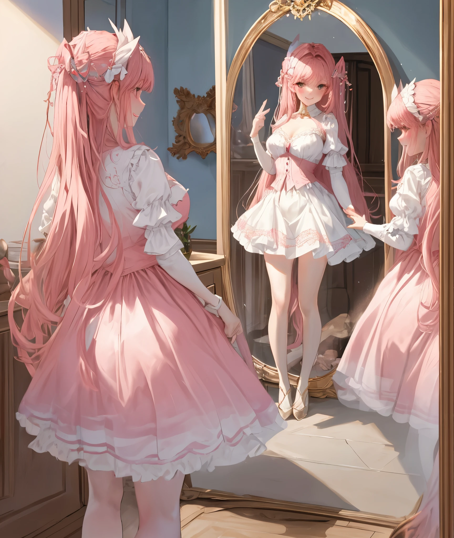 Fairy in the Mirror,Watch viewers through the mirror,has a gentle smile,luxury decorative oval mirror,pink gold long hair,hair fluttering in the wind