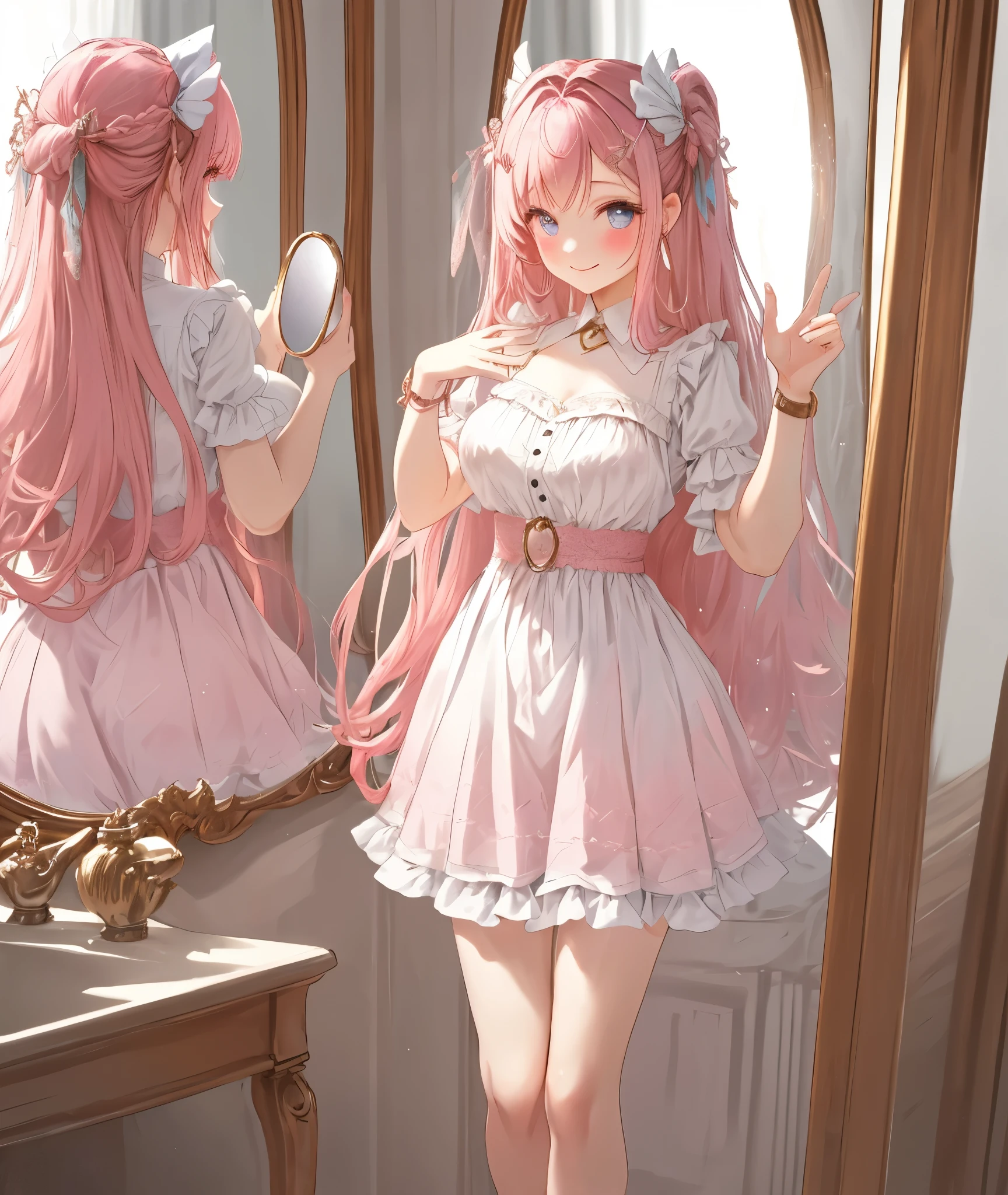 Fairy in the Mirror,Watch viewers through the mirror,has a gentle smile,luxury decorative oval mirror,pink gold long hair,hair fluttering in the wind