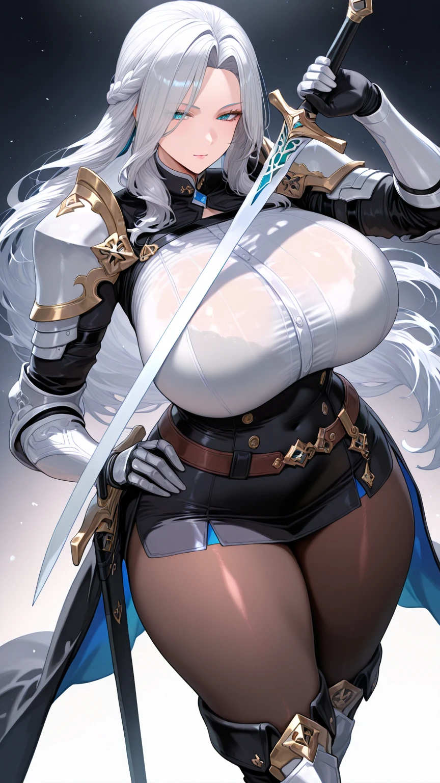 Masterpiece, full body portrait, no cropped, 4k, wallpaper, highlydetailed face, ultra-detailed face, solo (1woman), voluptuous, , curvy, long hair, gray-silver hair, tall young woman, wolf woman, wolf ears, long wolf tail, beautiful, enchanting, bright yellow eyes, detailed eyes, ultra-detailed eyes, elegant, small vertical scar under right eye, small rosy lips, , slender elegant arms, pretty hands, detailed hands, charming, slight blush, smug smile, black stylish shorts and top outfit, detached sleeves, light black armor, black armored coat,  off shoulders, toned abs, exposed belly, standing pose, hands on hip pose, full moon on the background