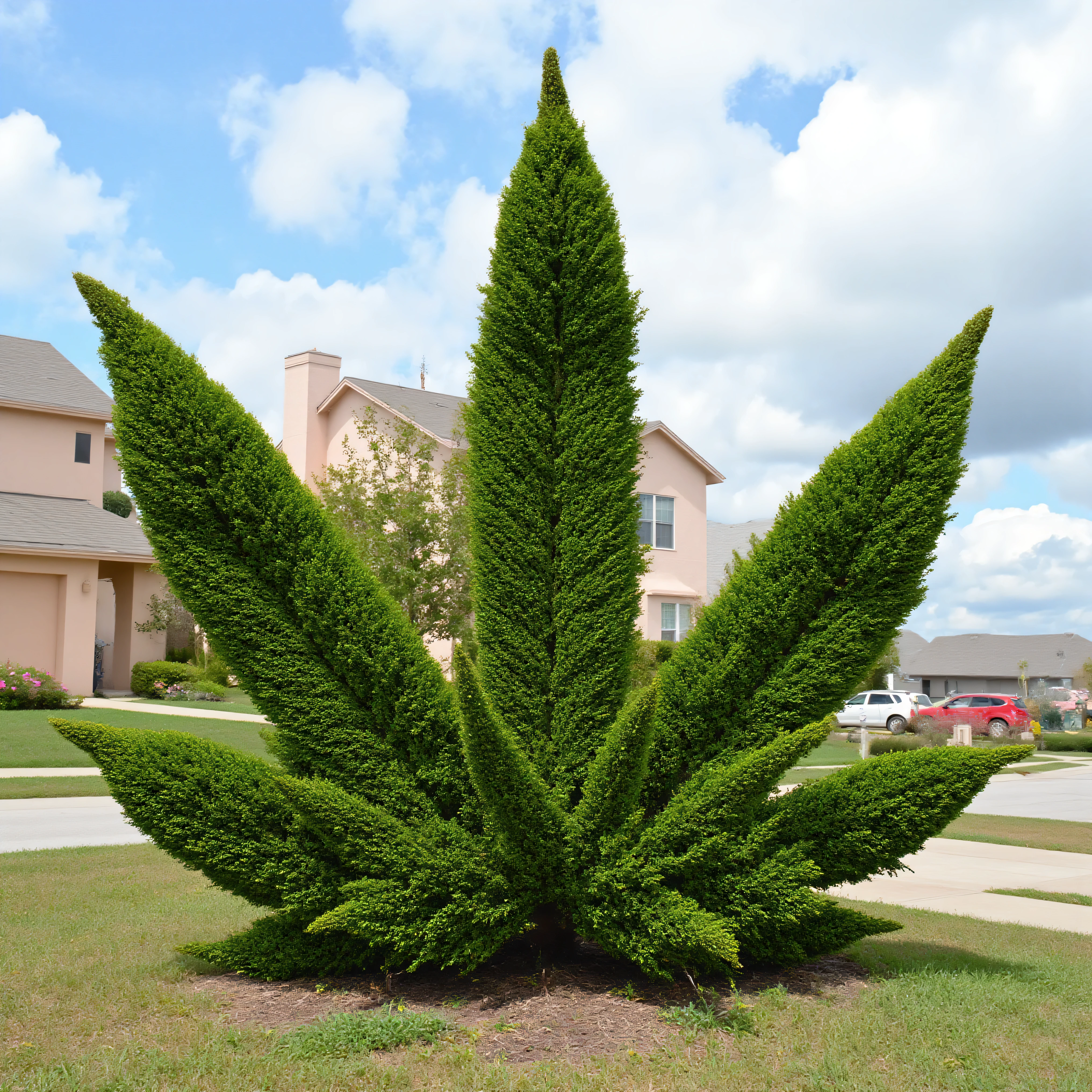 A juniper bush in a residential neighborhood is meticulously wired, shaped, and manicured to look like a marijuana leaf. Ultra-realistic, photo-realistic, cinematic photography, 3D rendered realism, UHDR, high-res.