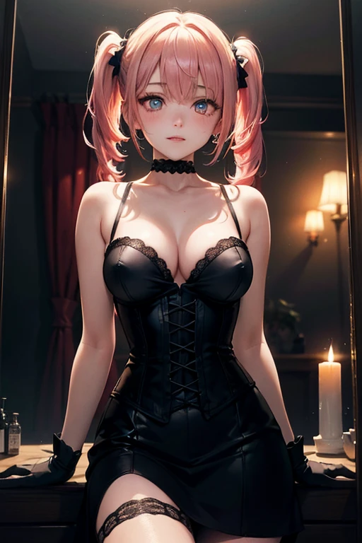 top-quality、1girl、Black horns:1.3、dark pink hair、Bob Hair、Inner curl、Blue eyes、Pink blush color under the eyes、a smile、Black dress、huge ????:1.1,Open ?????、Constriction:1.2、Black miniskirt、Thin leg、View here、Angle from diagonally above、dark ilumination、natta、Castle room、chandeliers、Sit on the bed、Background blur
