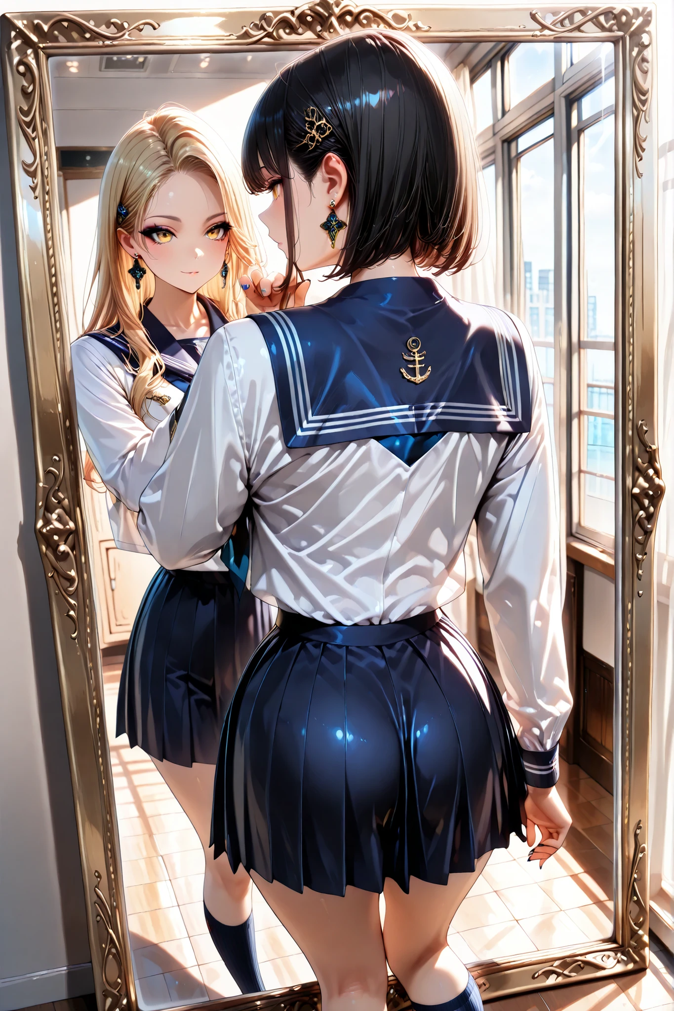 masterpiece, high resolution, photorealistic, high school girl, solo, gold decoration frame showing the whole body standing in front of a mirror, (鏡の前に立つhigh school girlは地味な雰囲気, (back view:1.2), black haired short bob, (School Uniforms, navy blue sailor suit, Navy blue knee-length sailor skirt:1.4), Plain face, No expression), (The one in the mirror is in the same pose, Mirror shift, Beautiful character design, glamorous body shown with a girl, blonde long hair, hair ornaments, beautifully detailed eye depiction, expressive eyes, yellow eyes, (Uniform Gal Fashion:1.2, Gal Makeup:1.1, earrings, earrings , Nails), confident face), (from above:1.2)