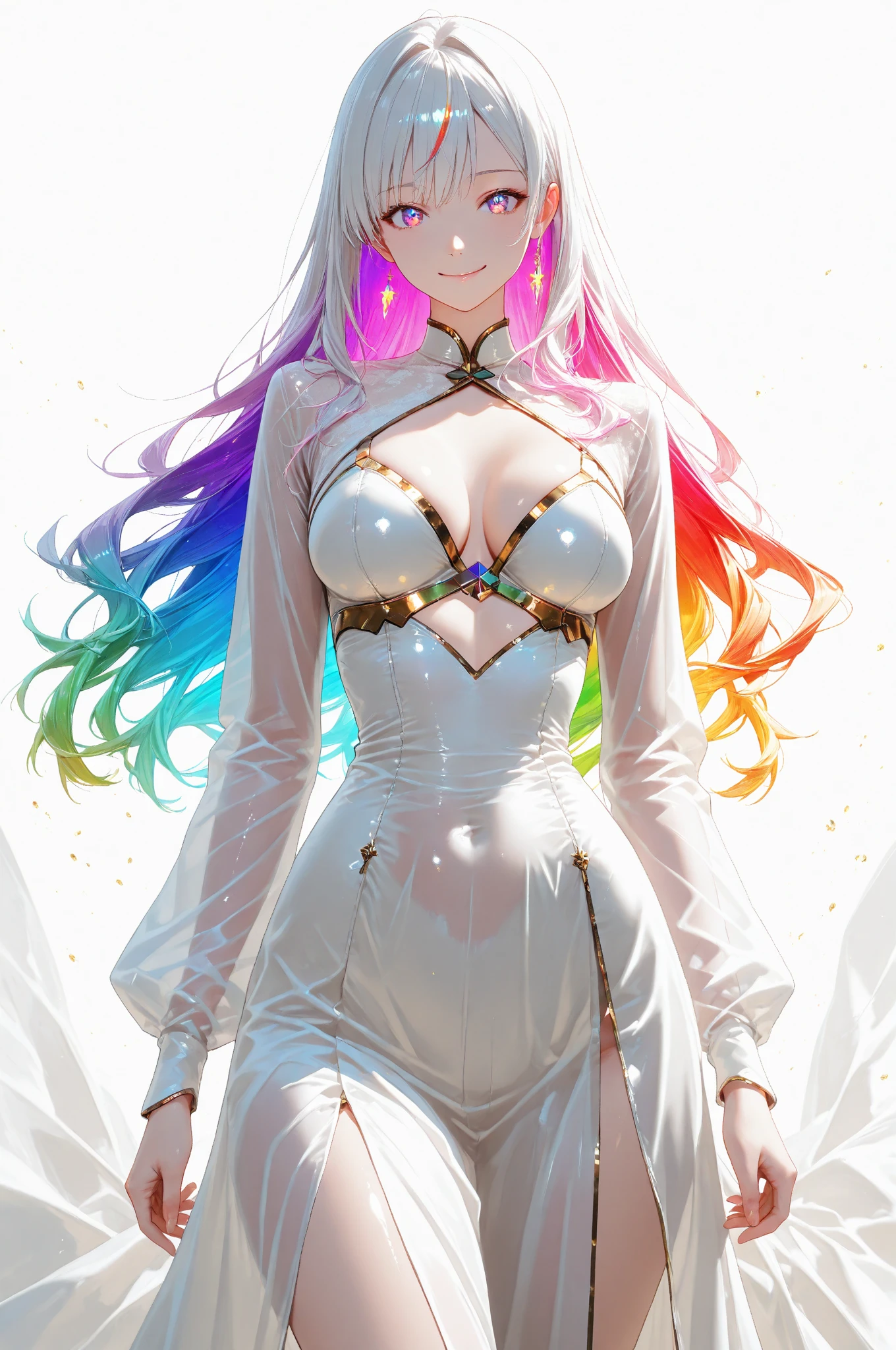 Holo-Punk Style, Best quality, masterpiece, ultra high res, (((ebony girl))), (dark skin:1.25), long rainbow hair in background, rapunzel cosplay, rainbow hair with ponytail, jade eyes, see-through ??????