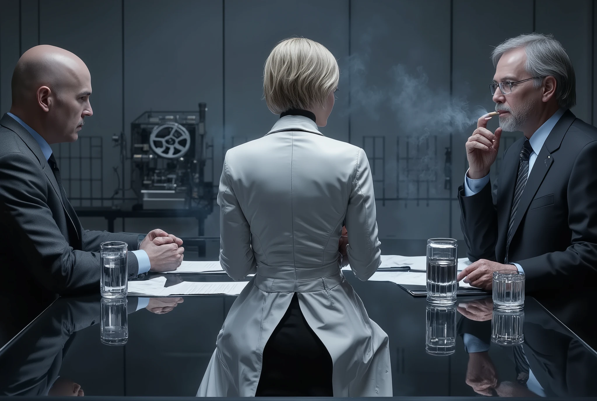 Create an ultra-realistic 4K cinematic scene set in a cold, modern interrogation room, teeming with tension and atmosphere. The environment is minimalist, dominated by blue-gray tones and soft lighting that casts subtle reflections on a glossy black glass table. The air carries a faint haze of cigarette smoke, diffusing the light and adding texture. The camera is positioned behind a blonde woman with a short, cropped haircut, sitting upright in the center of the frame, facing two men across the table.

Composition and perspective:
Her back is to the camera.
The camera is positioned behind the woman, in a medium shot, showing her back, centered in the frame, while two men sit facing her. This composition creates perfect visual balance and a strong symbolic contrast between power and vulnerability. The focus is sharp, with a moderate depth of field that keeps all the characters visible and detailed.

She wears a long, elegant, structured white leather coat, cinched at the waist with a belt that defines her silhouette. Beneath it, a simple yet refined black turtleneck contrasts perfectly with the white coat. Her posture is erect and confident, exuding calm, authority, and emotional control. The lighting softly highlights the contours of her hair and the shiny texture of the leather.

Opposite her sit two men in suits. The man on the left, bald and serious, wears a dark gray suit and black tie, leaning slightly forward over scattered documents, with a tense, analytical expression. The man on the right, older, with a gray beard and glasses, wears a dark suit and a striped tie. He leans back, holding a lit cigarette between his fingers as the smoke rises toward the light, his face half-illuminated, conveying both authority and skepticism.

The table reflects each object precisely: glass cups, a metal water pitcher, scattered papers, pens, a classic reel-to-reel tape recorder, and a crystal ashtray. Behind them, metal walls with a textured grid pattern reinforce the cold, 