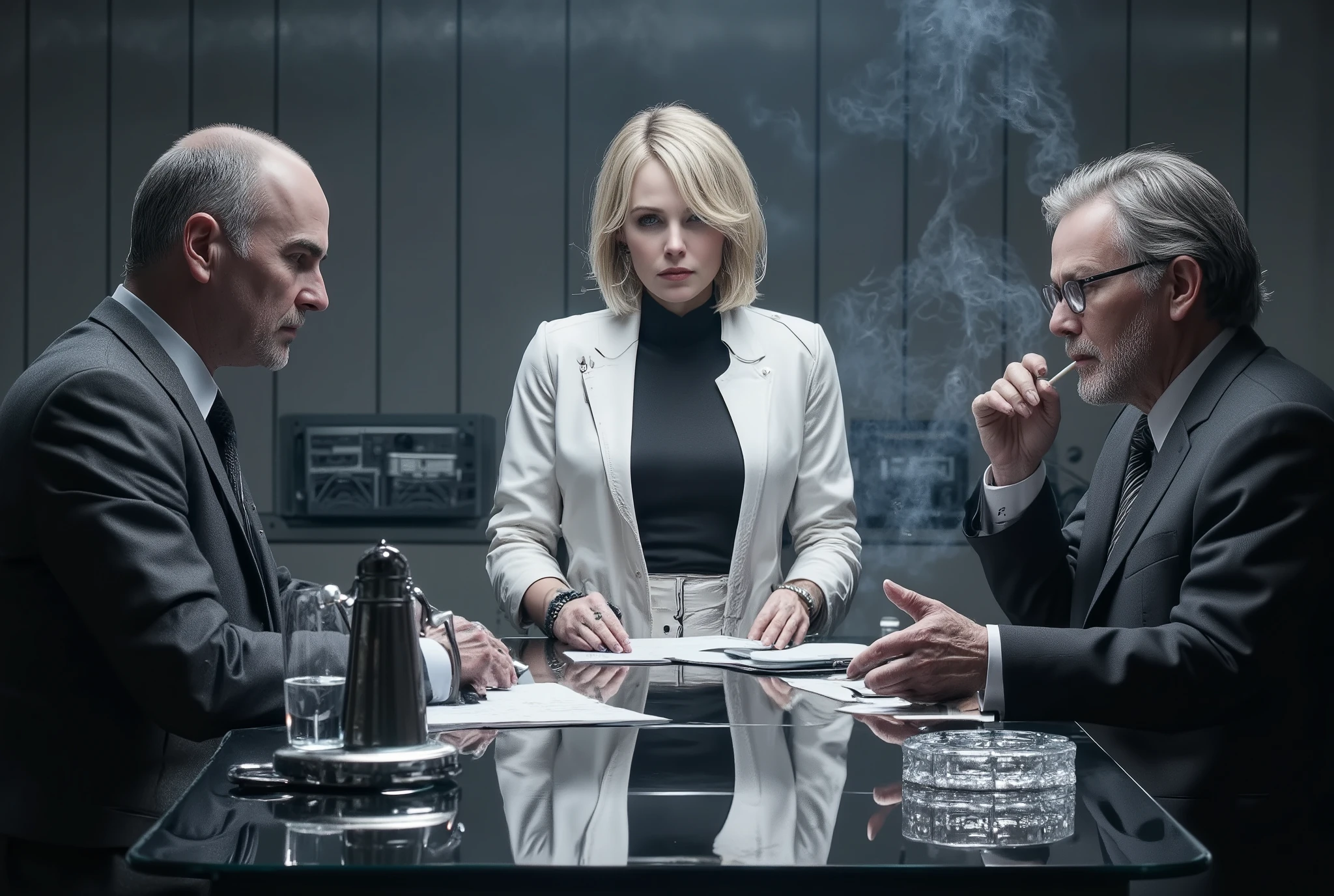 Create an ultra-realistic 4K cinematic scene set in a cold, modern interrogation room filled with tension and atmosphere. The environment is minimalist, dominated by bluish-gray tones and soft overhead lighting that casts subtle reflections on a glossy black glass table. The air carries a faint haze of cigarette smoke, diffusing the light and adding texture. The camera is positioned behind a blonde woman with a sharp bob haircut, sitting upright at the center of the frame, facing two men across the table.

She wears a long white leather coat, elegant and structured, cinched at the waist with a belt that defines her silhouette. Beneath it, a black high-neck blouse, simple yet refined, contrasts perfectly with the white coat. Her posture is straight and confident, exuding calm authority and emotional control. The lighting gently highlights the contours of her hair and the glossy texture of the leather.

Across from her sit two men in suits. The man on the left, balding and serious, wears a dark gray suit and black tie, leaning slightly forward over scattered documents, his expression tense and analytical. The man on the right, older with gray beard and glasses, wears a dark suit with a striped tie. He reclines back, holding a lit cigarette between his fingers as smoke rises toward the light, his face half illuminated, showing authority and skepticism.

The table reflects every object with precision: glass cups, a metal water pitcher, scattered papers, pens, a classic reel-to-reel tape recorder, and a crystal ashtray. Behind them, the metallic walls with a textured grid pattern reinforce the cold, industrial feel.

The mood is tense, elegant, and cinematic, reminiscent of Cold War espionage thrillers. The lighting and shadows are perfectly balanced, delivering sharp realism, fine detail, and sophisticated contrast, with a film-noir atmosphere and high-definition photographic clarity.