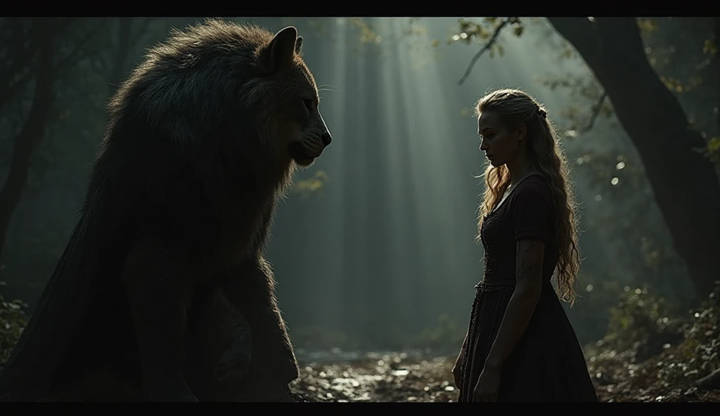 Movie Stills，Under a wide-angle lens，A woman in a red dress stands in the foreground，Next to it is a huge monster werewolf in the background，Werewolf style, Shallow depth of field, Vignette, Very detailed, High Budget, Bokeh, Widescreen movies, Moody, epic, Gorgeous, Film Grain, Granular