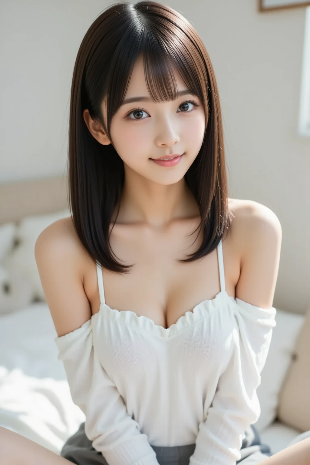 (table top:1.4、highest quality:1.4、best image quality:1.4、Beautiful adult woman full of charm with cute adult smile:1.4、beautiful teeth、lip gloss、brunette short bob hair、shiny and glossy hair、Has shiny bangs:1.4、bangs:1.4、short shiny hair with long locks,,,,,,、long neck:1.4、please show me your ears、tall supermodel、Supermodel with broad shoulders、{Huge|big|Huge|mega} ?????, Beautiful ????? have cleavage)、(cute high school girl、off-shoulder white see-through shirt、Short plaid see-through pleated skirt、28 years old)、Very cute and attractive woman