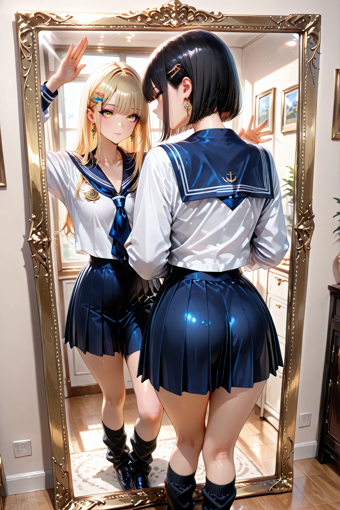 masterpiece, high resolution, photorealistic, high school girl, solo, gold decoration frame showing the whole body standing in front of a mirror, (鏡の前に立つhigh school girlは地味な雰囲気, (back view:1.2), black haired short bob, (School Uniforms, navy blue sailor suit, Navy blue knee-length sailor skirt:1.4, black socks), Plain face, No expression), (The one in the mirror is in the same pose, Mirror shift, Beautiful character design, glamorous body shown with a girl, (blonde long, straight hair), colorful hairpins,  beautifully detailed eye depiction, expressive eyes, yellow eyes, (Uniform Arrangement, sailor suit with visible , rolled-up skirt, loose socks, Gal Makeup:1.4, earrings, earrings :1.1), confident face), (from above:1.2)