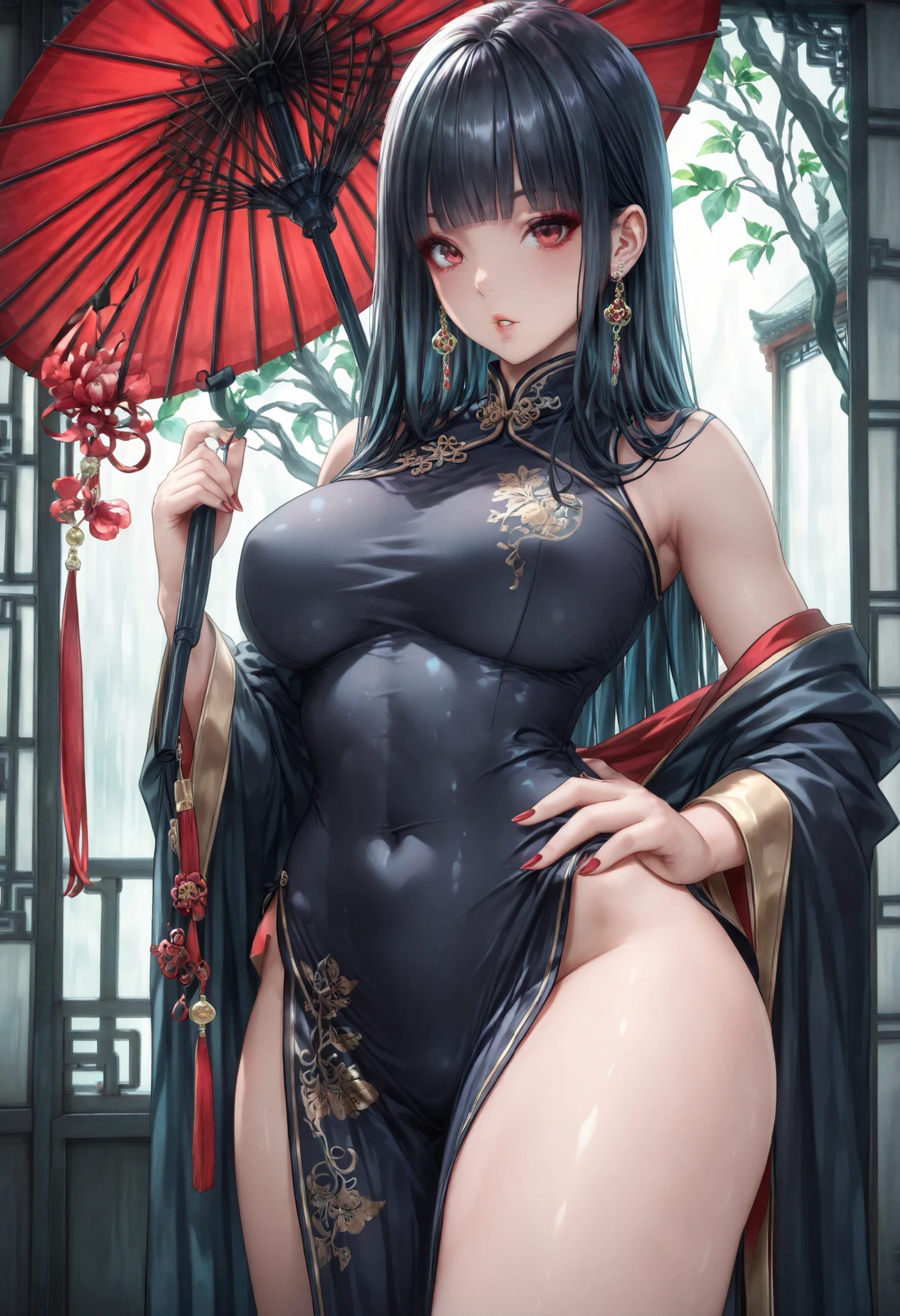 st004,detailed,1girl, solo, long_hair, looking_at_viewer, very long hair, dress, holding, jewelry, bare_shoulders, red eyes, earrings, parted_lips, blunt_bangs, nail_polish, tree, hand_on_own_hip, chinese_clothes, umbrella, china_dress, red_nails, pelvic_curtain, side_slit, holding_umbrella, oil-paper_umbrella, east_asian_architecture, masterpiece, best quality,