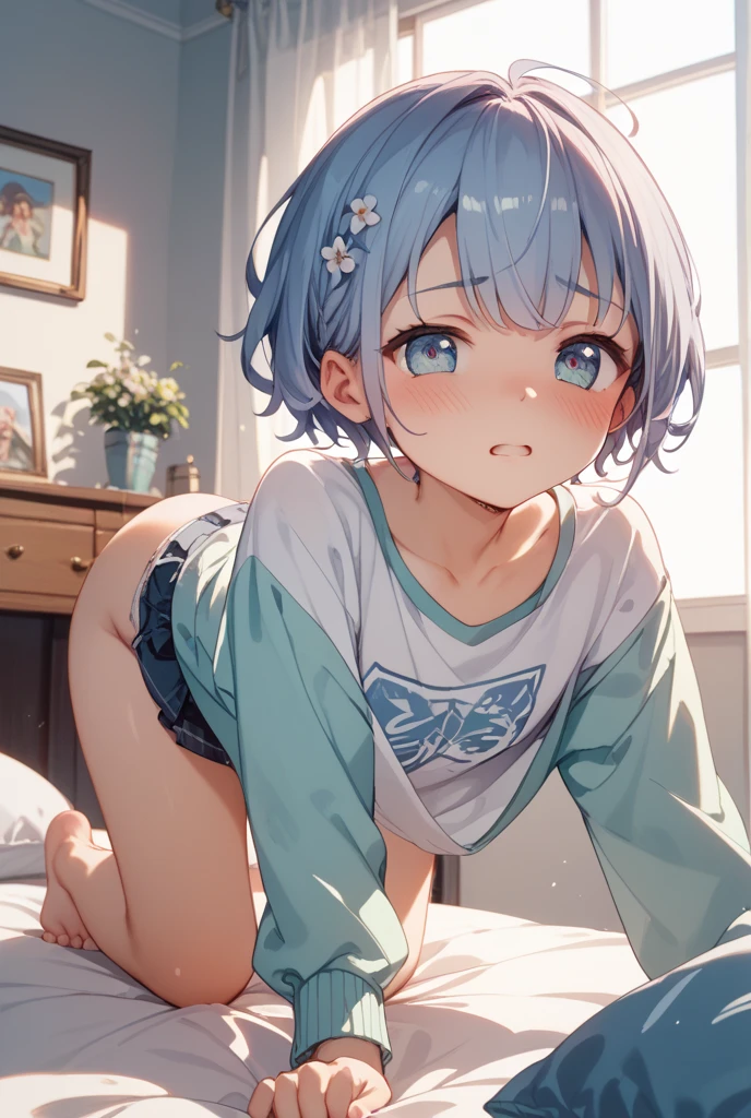 akanekurokawa, akane kurokawa, bangs, (Green Eyes:1.3), Blue Hair, Long Hair, dark Blue Hair,Black Tank Top,purple string ?????????,barefoot,Sitting on the bed,Sleepy eyes,smile,blush,morning,morning陽,The sun is rising,whole bodyがイラストに入るように,
break indoors, Bedroom,
break looking at viewer,whole body,(Cowboy Shot:1. 5) 
break (masterpiece:1.2), Highest quality, High resolution, unity 8k wallpaper, (figure:0.8), (Beautiful attention to detail:1.6), Highly detailed face, Perfect lighting, Highly detailed CG, (Perfect hands, Perfect ???????),