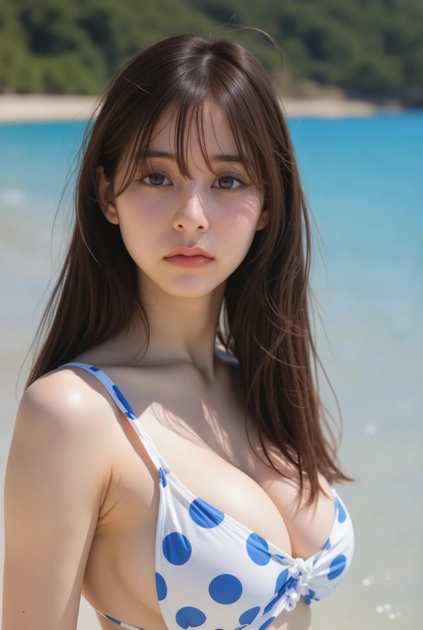 (blue polka dot micro bikini)Outfit, ((big boobs, big boobs,   Overhang chest  , rich breasts during the phallus , Deep chest、))、(((Empty-handed)))、(    dark hair)、(  tousled bangs)、( Blonde)、(  wet hair)、(((Female Nude  )))、(( she's sweating))、( clean skin )、((serious))、((  Vague Feeling))、((Graceful Paintings      ))，( masterpiece　 Exquisite raw photos  :1.25), ( Highest Quality:1.6), (  Ultra High Definition :1.5), (     author：   Mr.... nomi:1.75),  8K resolution ,   Canon EOS R5  , 50mm, Abs urd,  in en very detailed,Film Screenwriting ,(((pointy breasts)))