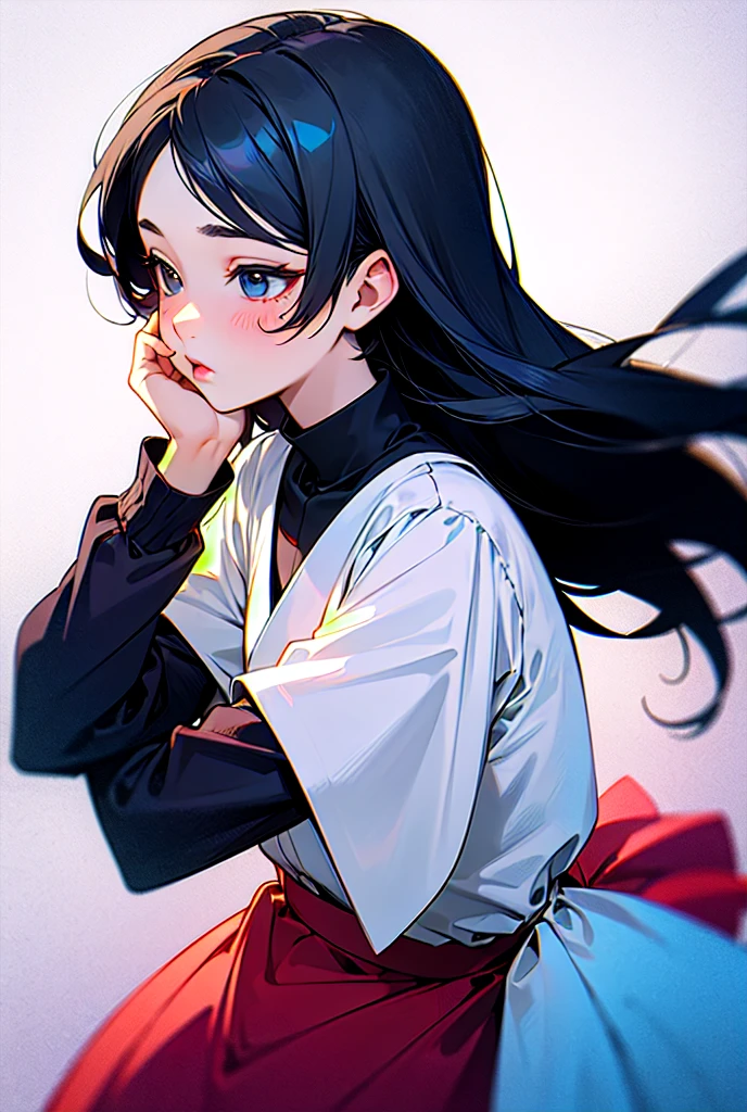 Asian girl with bangs and ponytail being bloody