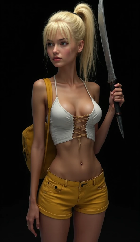 high_quality, highres, beautiful, detailed, (masterpiece, best quality:1.2), absurdres, 8k, HDR, 1girl, bangs, bare shoulders, blonde hair, green eyes, face freckles, breasts, jacket, jewelry, lips, long hair, looking at viewer, midriff, navel, necklace, off shoulder, open clothes, solo, sword, weapon, sword over shoulder