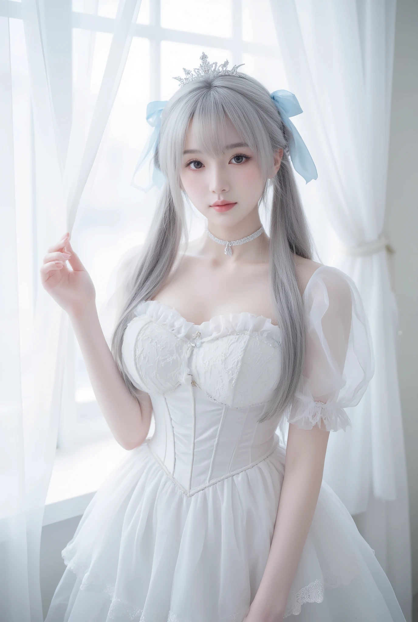 ultra-realistic photo of a beautiful Japanese female cosplayer dressed as a fantasy snow princess, with long silver-gray twin-tail hair and soft bangs partly covering her eyes, wearing a small silver tiara and light blue ribbons on both sides of her head. she has a big breasts, flat stomach, vertical innie navel, thick thigh, wide hips, slightly curvy body. her makeup is soft — fair smooth skin, rosy cheeks, light pink lips, calm and elegant expression with closed eyes. she wears a cropped white lace corset with satin ruffles and sheer puff sleeves, exposing her flat, toned midriff naturally. a white choker with a crystal pendant adorns her neck. the outfit features translucent layered tulle and lace fabrics, detailed texture and soft reflections. she poses gracefully near a bright window with sheer white curtains, illuminated by gentle daylight, creating an ethereal, serene atmosphere. cinematic composition, realistic cosplay photography, natural lighting, soft focus, shallow depth of field, 8k ultra detailed, elegant and refined tone. shot on iPhone 15 Pro.