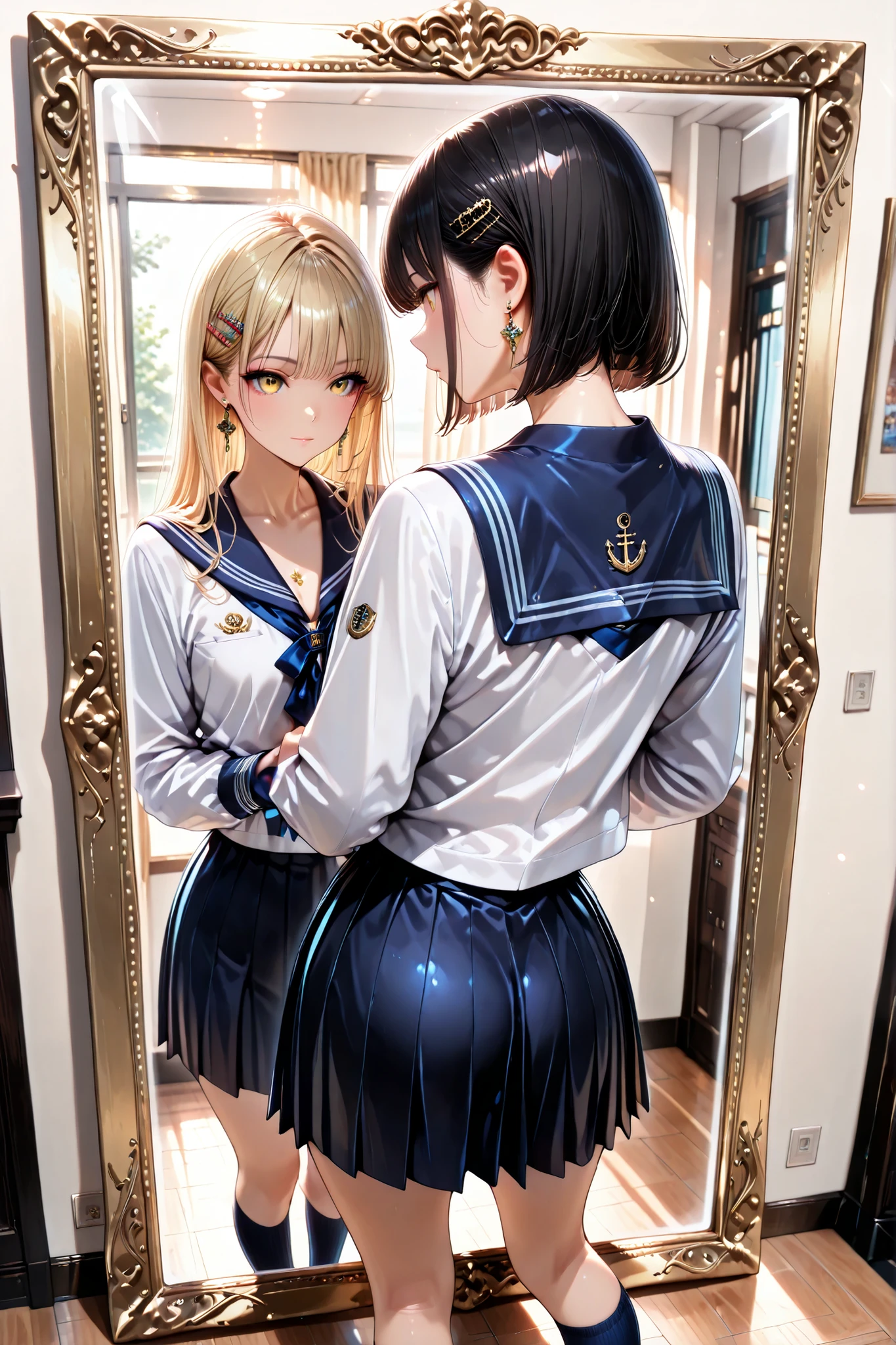 masterpiece, high resolution, photorealistic, high school girl, solo, gold decoration frame showing the whole body standing in front of a mirror, (鏡の前に立つhigh school girlは地味な雰囲気, (back view:1.2), black haired short bob, (School Uniforms, navy blue sailor suit, Navy blue knee-length sailor skirt:1.4), Plain face, No expression), (The one in the mirror is in the same pose, Mirror shift, Beautiful character design, glamorous body shown with a girl, (blonde long, straight hair), colorful hairpins,  beautifully detailed eye depiction, expressive eyes, yellow eyes, (Uniform Arrangement:1.5, sailor suit with visible :1.2, rolled-up skirt:1.2, Gal Makeup:1.4, earrings, earrings :1.1), confident face), (from above:1.2)