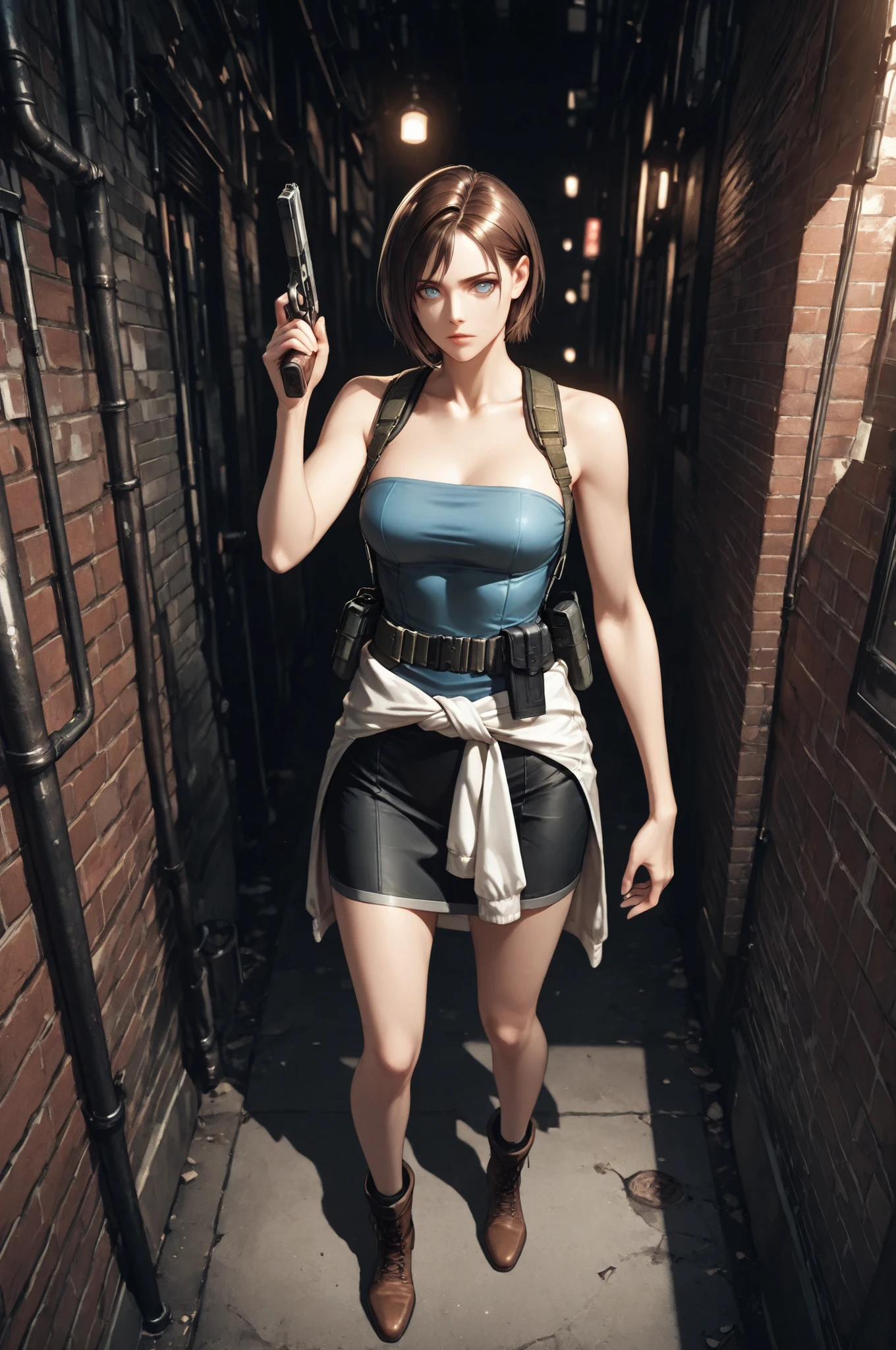 jill valentine, 1girl, solo, short hair, brown hair, blue eyes, medium breasts, tube top, skirt, clothes around waist, mature, suspenders, utility belt, eyesHD, high gradient eyes, detailed eyes, high definition eyes, full body view, anatomically accurate ratio, the girl is very beautiful, the girl has an incredibly beautiful face, detailed skin image. The atmosphere is tense and gloomy. Night. The girl is standing in a narrow alley, the walls of which are made of brick, which creates a feeling of an enclosed space. The lighting is subdued, with an emphasis on the girl's figure, which enhances the drama of the scene. Pipes and elements of urban infrastructure are visible in the background, which emphasizes the urban style of the location. The girl aiming with gun, holding handgun. Dynamic angle, masterpiece, best quality, vibrant, very aesthetic, high contrast, semirealistic, newest, proper lighting, proper shadows, detailed background.