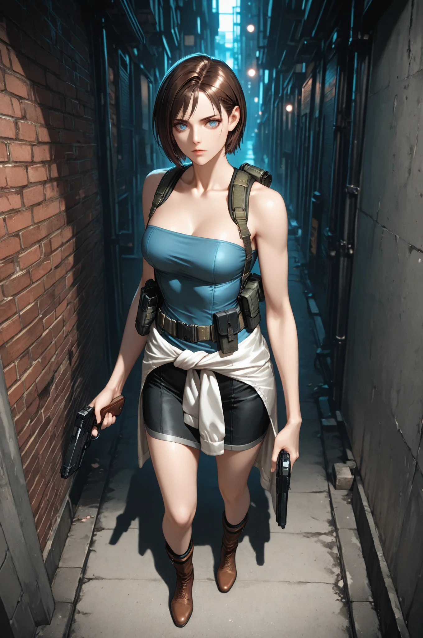 jill valentine, 1girl, solo, short hair, brown hair, blue eyes, medium breasts, tube top, skirt, clothes around waist, mature, suspenders, utility belt, eyesHD, high gradient eyes, detailed eyes, high definition eyes, full body view, anatomically accurate ratio, the girl is very beautiful, the girl has an incredibly beautiful face, detailed skin image. The atmosphere is tense and gloomy. Night. The girl is standing in a narrow alley, the walls of which are made of brick, which creates a feeling of an enclosed space. The lighting is subdued, with an emphasis on the girl's figure, which enhances the drama of the scene. Pipes and elements of urban infrastructure are visible in the background, which emphasizes the urban style of the location. The girl aiming with gun, holding handgun. Dynamic angle, masterpiece, best quality, vibrant, very aesthetic, high contrast, semirealistic, newest, proper lighting, proper shadows, detailed background.