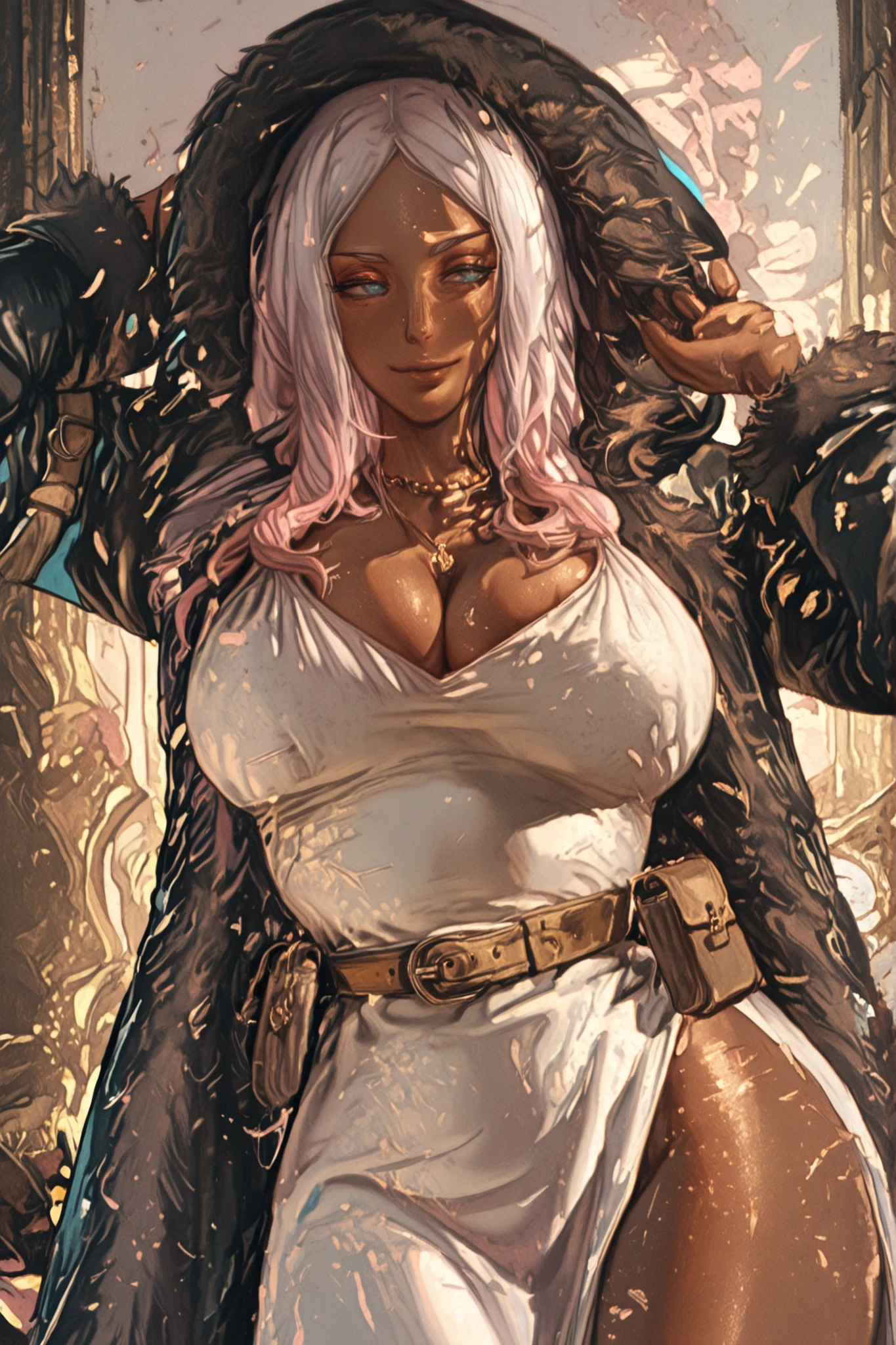 score_9, score_8_up, score_7_up, score_6_up, score_5_up, score_4_up,
BREAK
(masterpiece: 1.0), best quality, perfect , perfect composition, perfection,
BREAK
cinematic lighting, stopu42
BREAK
1girl. hibana, long hair, blue eyes, pink hair, white hair, dark skin, dark-skinned female, mature female, , long sleeves, dress, cleavage, jewelry, belt, hood, necklace, white dress, coat, fur trim, pouch, black coat, brown belt, belt pouch, side slit,, Smile, cute pose, voluptuous, simple background, Painterly, hyperdetailed painting, impressionism
