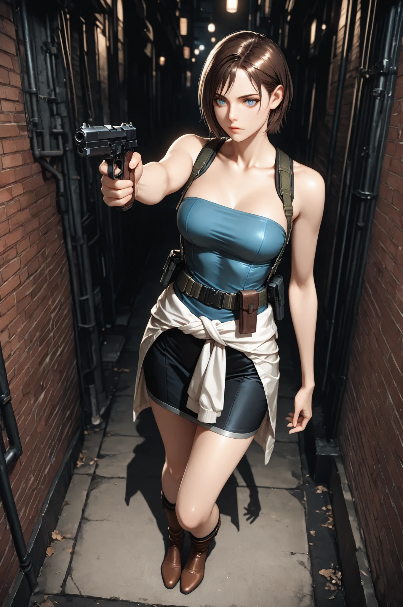 jill valentine, 1girl, solo, short hair, brown hair, blue eyes, medium breasts, tube top, skirt, clothes around waist, mature, suspenders, utility belt, eyesHD, high gradient eyes, detailed eyes, high definition eyes, full body view, anatomically accurate ratio, the girl is very beautiful, the girl has an incredibly beautiful face, detailed skin image. The atmosphere is tense and gloomy. Night. The girl is standing in a narrow alley, the walls of which are made of brick, which creates a feeling of an enclosed space. The lighting is subdued, with an emphasis on the girl's figure, which enhances the drama of the scene. Pipes and elements of urban infrastructure are visible in the background, which emphasizes the urban style of the location. The girl aiming with gun, holding handgun. Dynamic angle, masterpiece, best quality, vibrant, very aesthetic, high contrast, semirealistic, newest, proper lighting, proper shadows, detailed background.