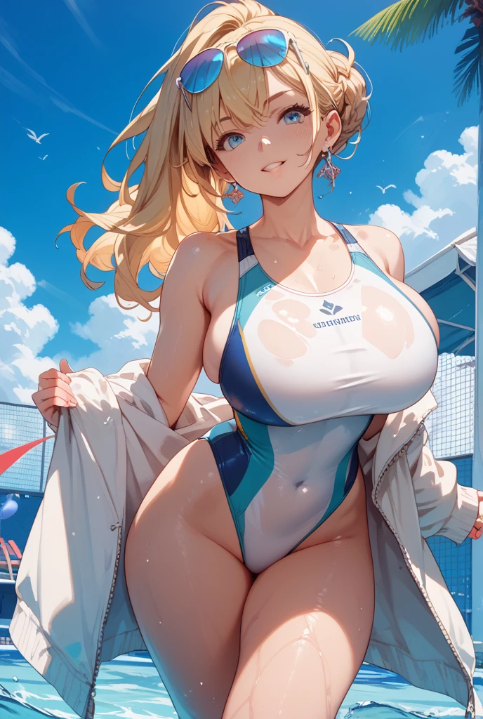 (((masterspiece、beste Quality、beste Quality、offical art、Beautifully Aesthetic:1.3)))、smile on face、a blond、(((nuda)))、(1girls:1.5)、A 、Supreme Details、(((leotard swimsuit)))、(shinny skin)、(many colors:1.3)、a large 、(((huge  )))、thin 