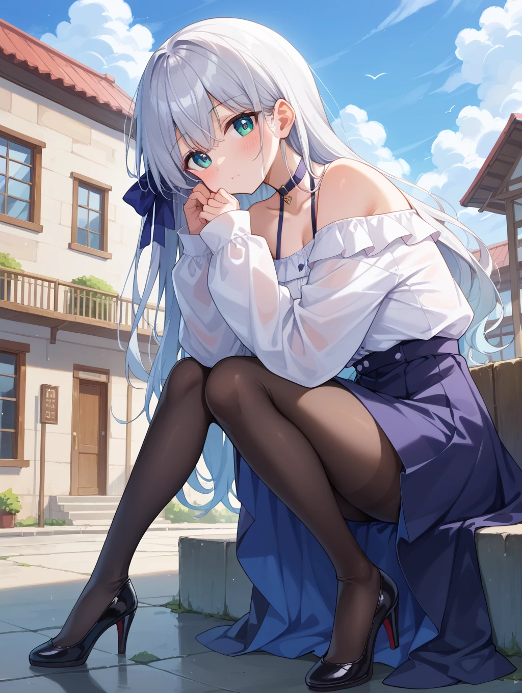 (from below:1.2),((1girl, silver hair, long hair, qutel blue eyes, beautiful eyes, pretty smile:1.5, ), ray tracing, vibrant colors, girl, masterpiece, sharp focus, best quality, depth of field, cinematic lighting, detailed outfit, 4k, perfect eyes, rich in details and textures, white hair, very long hair, golden eyes, hair between eyes, colored inner hair, bright smile, knitted loose, loose clothes, long sweater, black legwear, sitting on grass, under tree, sunlight, light rays, god rays, looking up, smiling, shoulders, leggings, (morning cafe magazine cover:1.4),(with sparkling eyes and a contagious smile),her thin pubic hair:1.0, looking at viewer