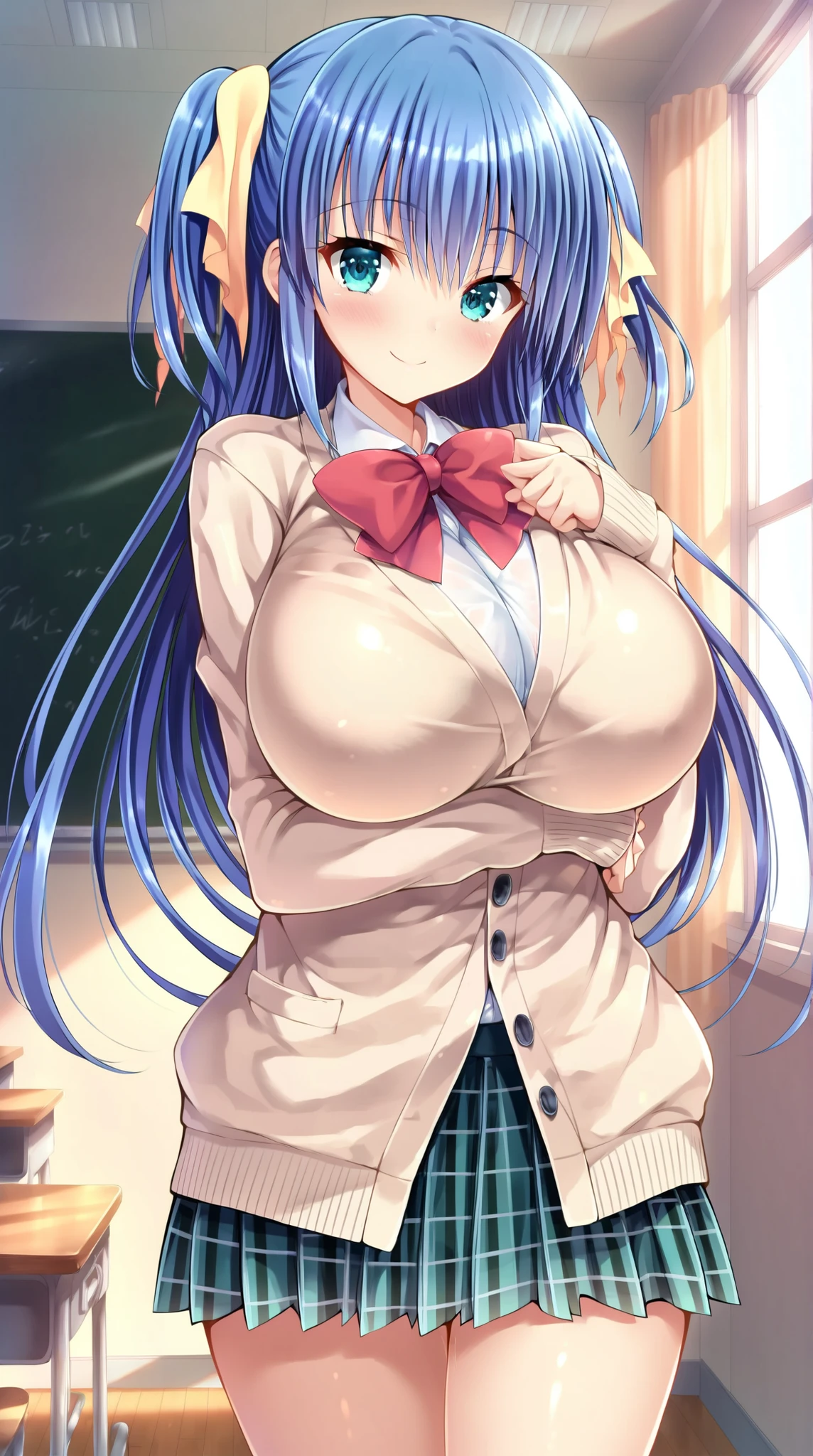 masterpiece, best quality, highres, 1girl kamuro masumi, hair clip red jacket blue bowtie white skirt blazer sitting, (((medium   with ))), ((beautiful  and )), ((perfect  and )), wariza, arm support,