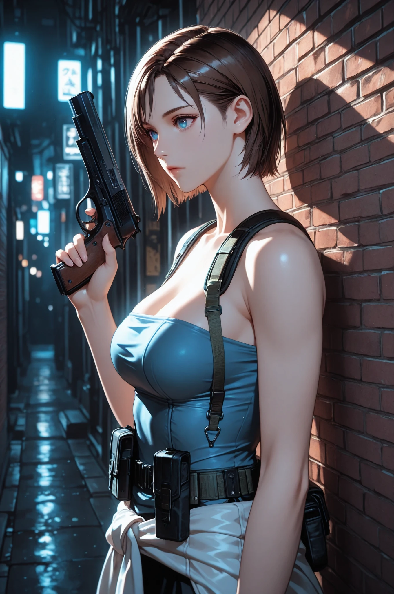 jill valentine, 1girl, solo, short hair, brown hair, blue eyes, medium breasts, tube top, skirt, clothes around waist, mature, suspenders, utility belt, eyesHD, high gradient eyes, detailed eyes, high definition eyes, upper body view, detailed portrait, anatomically accurate ratio, the girl is very beautiful, the girl has an incredibly beautiful face, detailed skin image. The atmosphere is tense and gloomy. Night. The girl is standing in a narrow alley, the walls of which are made of brick, which creates a feeling of an enclosed space. The lighting is subdued, with an emphasis on the girl's figure, which enhances the drama of the scene. Pipes and elements of urban infrastructure are visible in the background, which emphasizes the urban style of the location. The girl holding handgun. Masterpiece, best quality, vibrant, very aesthetic, high contrast, semirealistic, newest, proper lighting, proper shadows, detailed background.