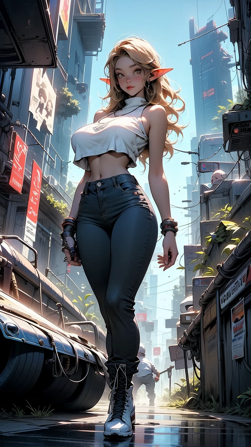 2076 year. The Urban Ruins of the Wasteland, Female huntress picking fruit in the garden, beautiful face, blonde, very torn shirt and denim shorts, shirt in tatters ,  long legs, sweating through, sun rising, Nice warm colors, head to toe full body shot