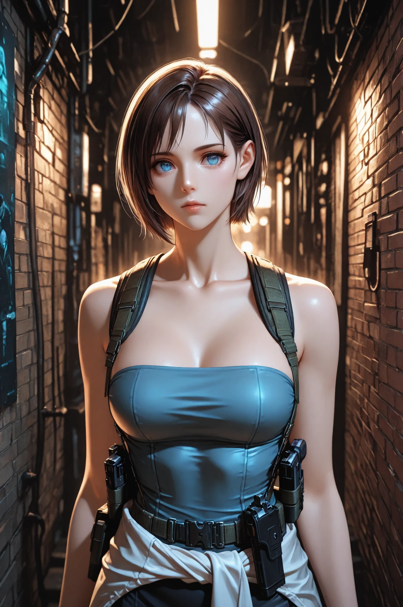jill valentine, 1girl, solo, short hair, brown hair, blue eyes, medium breasts, tube top, skirt, clothes around waist, mature, suspenders, utility belt, eyesHD, high gradient eyes, detailed eyes, high definition eyes, upper body view, detailed portrait, anatomically accurate ratio, the girl is very beautiful, the girl has an incredibly beautiful face, detailed skin image. The atmosphere is tense and gloomy. Night. The girl is standing in a narrow alley, the walls of which are made of brick, which creates a feeling of an enclosed space. The lighting is subdued, with an emphasis on the girl's figure, which enhances the drama of the scene. Pipes and elements of urban infrastructure are visible in the background, which emphasizes the urban style of the location. The girl holding handgun. Masterpiece, best quality, vibrant, very aesthetic, high contrast, semirealistic, newest, proper lighting, proper shadows, detailed background.