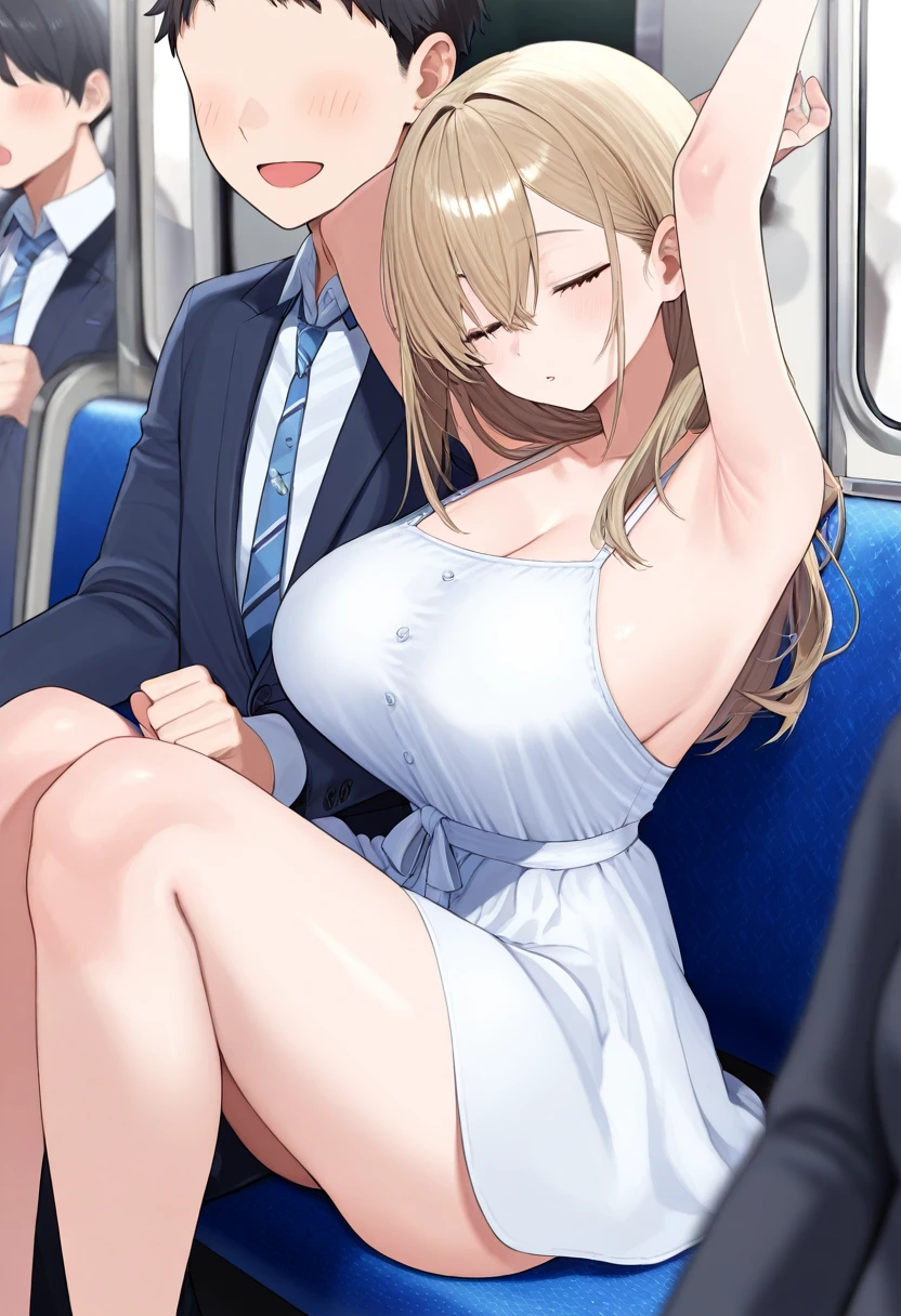 score_9, score_8_up, score_7_up, source_anime, 1girl, prefect lighting, very aesthetic, intricate details, highly detailed background, masterpiece, high quality, prefect hands, best quality, solo,
<lora:Yurika_Kanazawa_Welcome_Home_Papa_V1:.85>,  blonde hair, eyes, swept bangs, dark yellow eyes, long eyelashes, long hair, sidelocks, half-closed eyes,
blue tank top, black skirt, thighhighs, choker, ,
from below, nervous, blush, looking to the side, open mouth, heavy breathing, 
male behind,  grab, grabbing , , wet , 
size difference,
(dark 1boy, dark faceless man:1.4),dark fat man, dark ugly ,
on train, train, train station,
(Beautiful, :1.2), natural ,