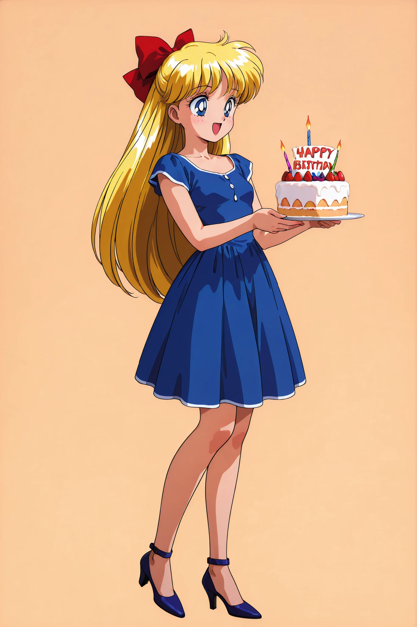 masterpiece, amazing quality, best quality, ultra-detailed, 8K, illustration, ultra-detailed-eyes, soft skin, very awa, very as2, soft body, 1990s \(style\), official art, ainominako, blonde hair, blue eyes, hair bow, half updo, long hair, small breasts, open mouth happy, casual blue dress, high heels, simple background, birthday cake holding, happy birthday