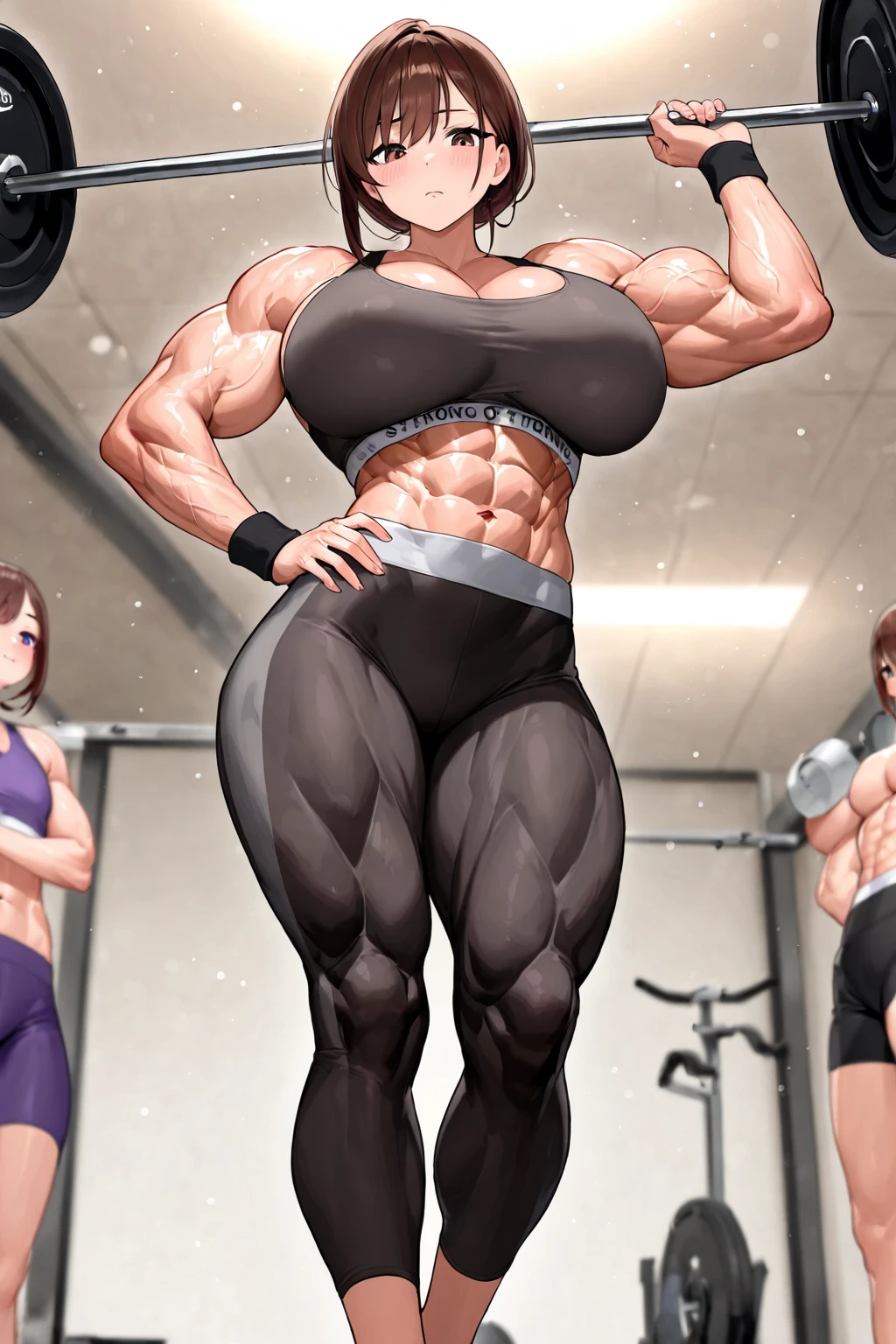 Woman in black bikini and small man in white shirt, weak and small man, thin and small physique, Very beauthful. , ,weak and defenseless man, small physique, , muscular ultraviolent woman, muscular and scary, absurdly huge physique, big muscles, extremely muscular woman,