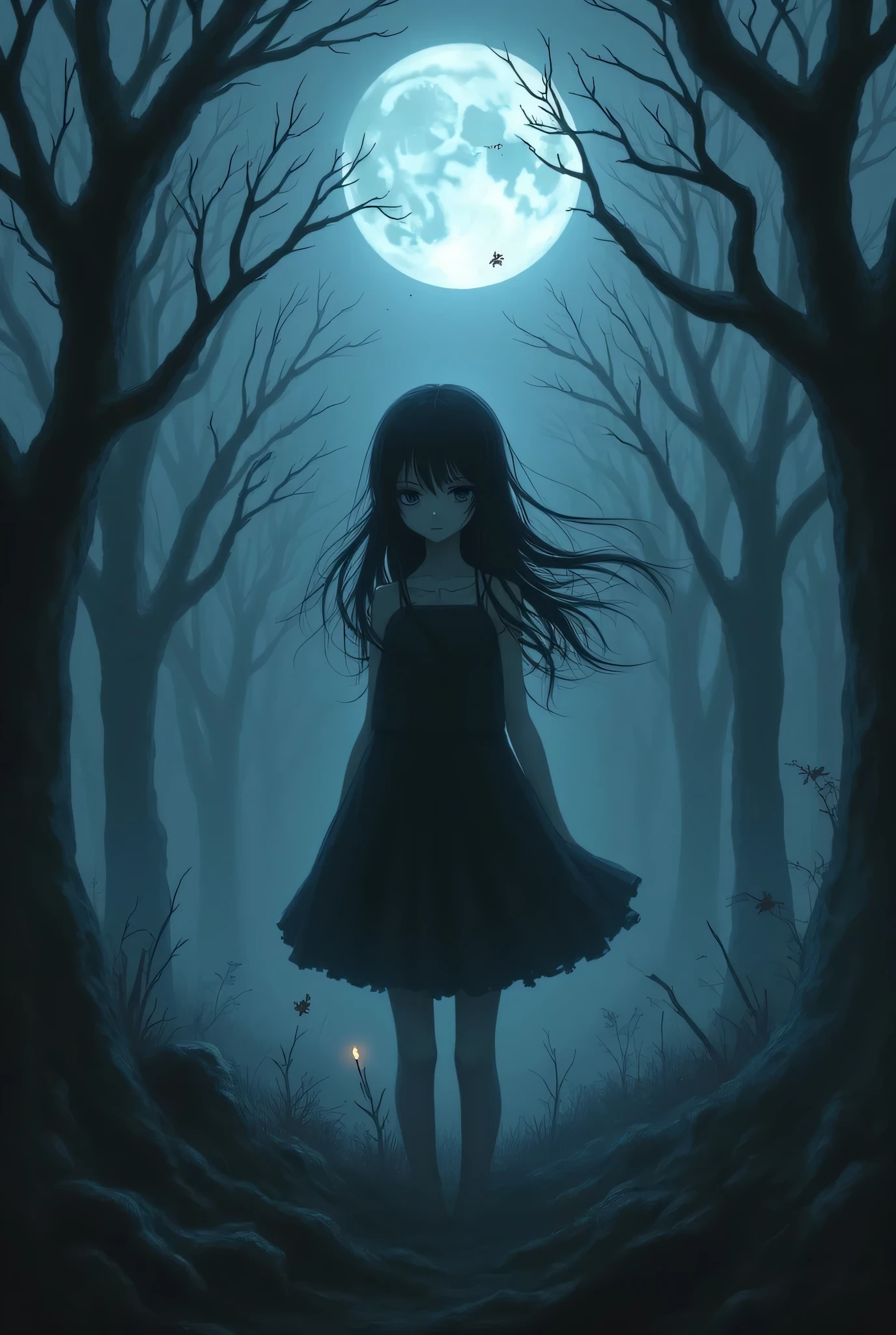 Anime Macabre girl, darkness, nighttime, foggy, twisted forest.
