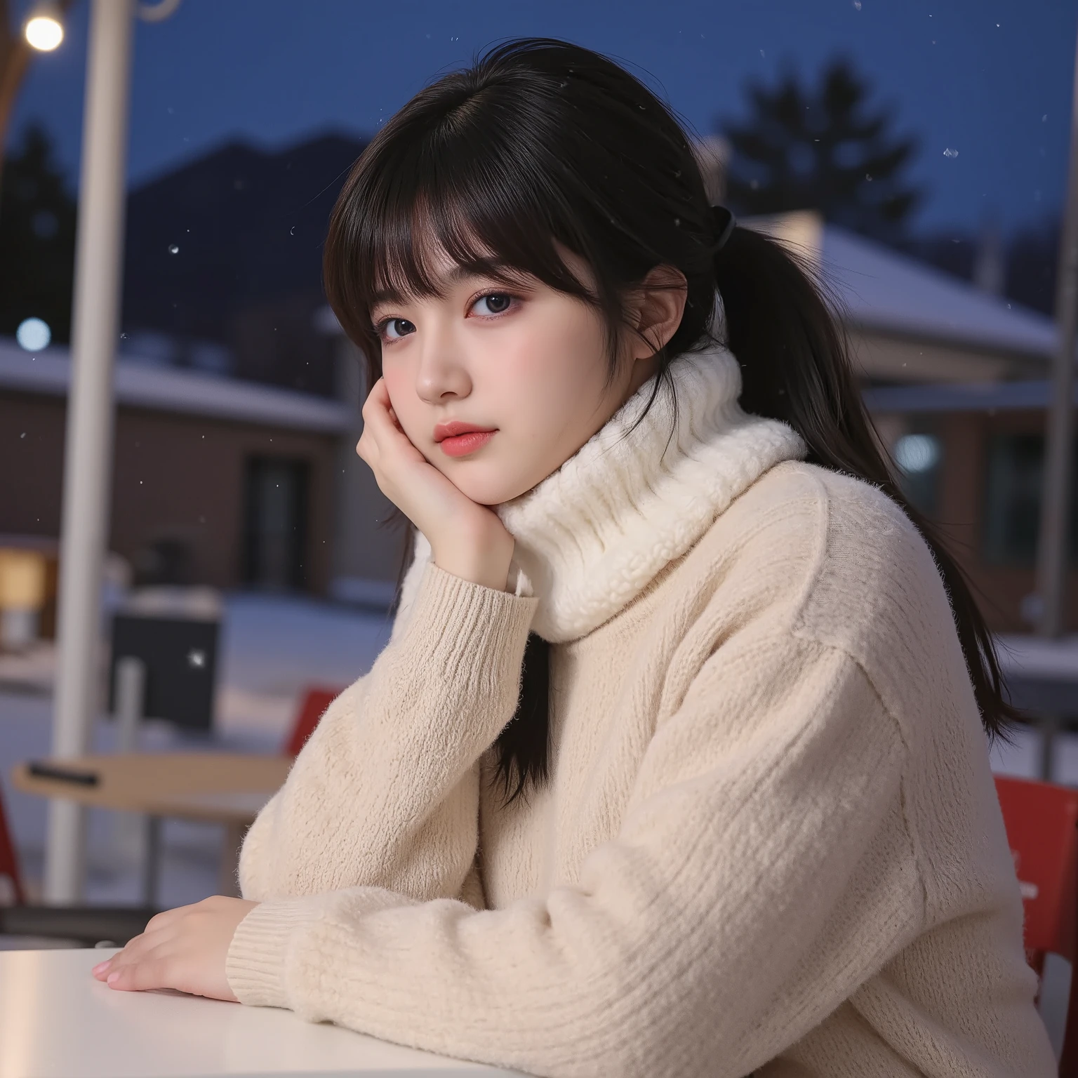 ((masterpiece)), ((best quality)), ((ultra-detailed)),((hyperrealistic)),shiny skin,1girl,,((swept bangs)),hair intakes ,((black hair)),long hair,ponytail,straight hair,sidelocks,sideburns,((dark purple eyes)),medium breasts,,(school uniform:1.5), ((beige)long pile fur sweater:1.5), ((white)woolen scarf:1.3),(Cute long sleeves that cover the fingers:1.4),(school:1.5), outdoor, (snowfall:1.5), (night:1.5),table,cheek rest,from side,