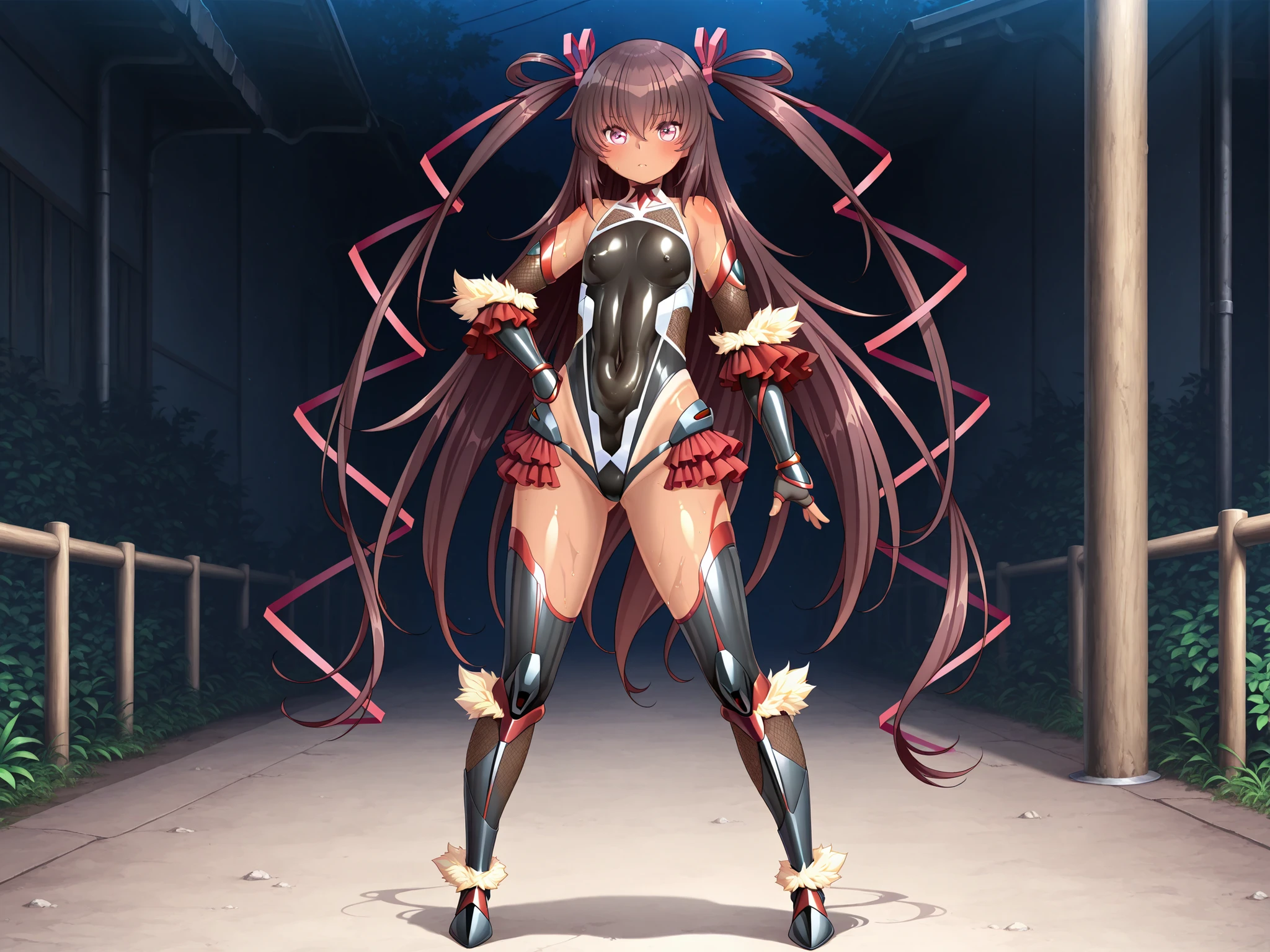 taimanin suit,, Mizuki Yukikaze,(full body),Brown Hair,very long hair,two side up,hair ring,PinkEye, hair bow, sunburn, Anime Screen Caps,