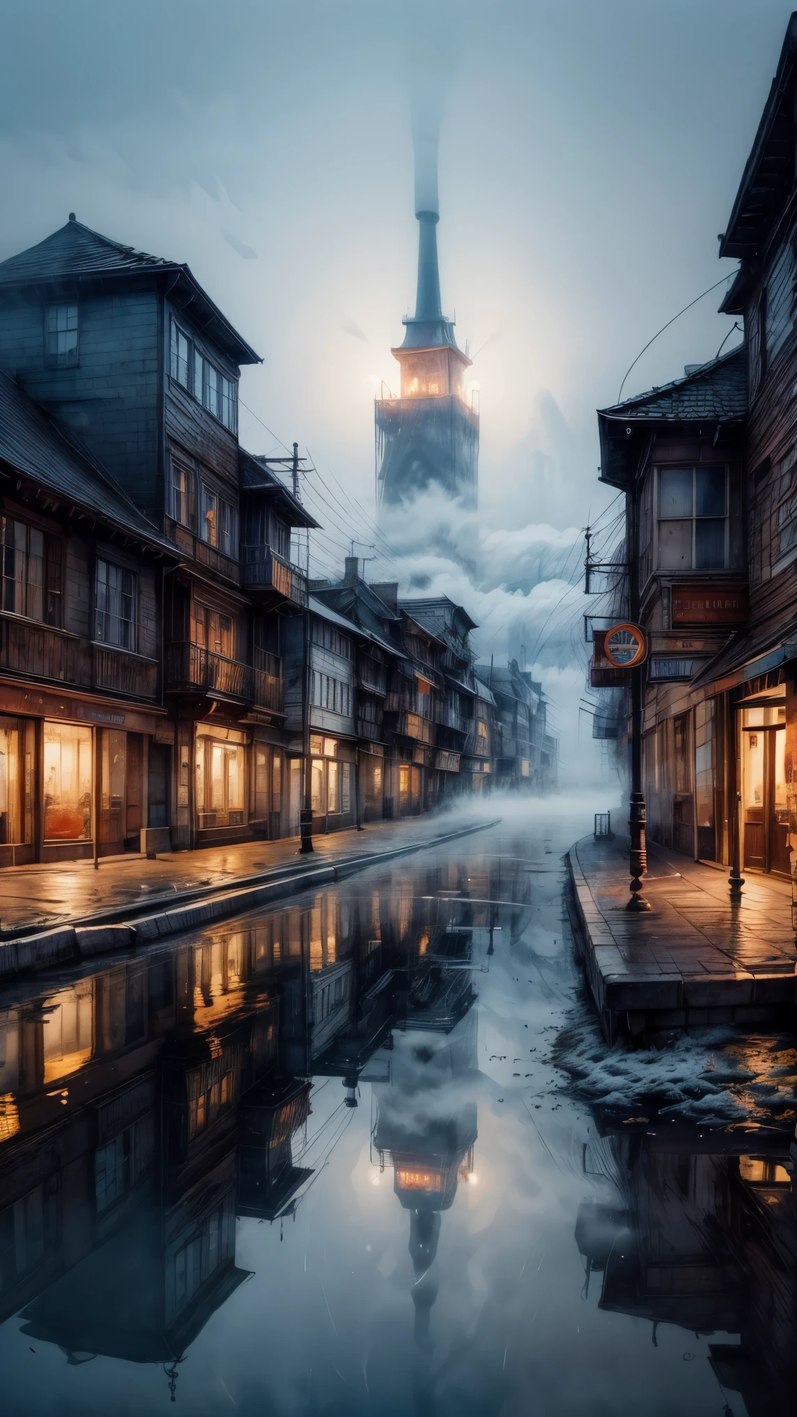 masterpiece, best quality, water, city, reflection of city, (fog:1.3), snow