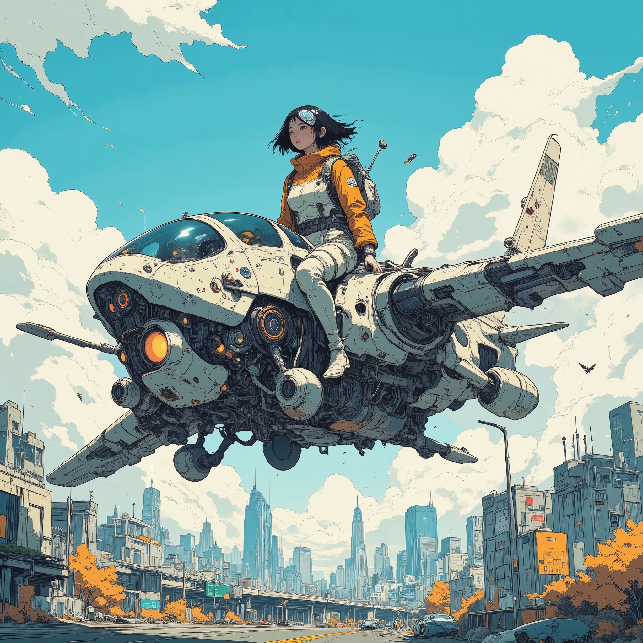 (masterpiece, best quality, highly detailed),
A detailed illustration of a futuristic scene: a sleek aerial automaton — a large, elegant flying machine with polished metallic panels, exposed gears, and glowing energy conduits — flies just above a pristine futuristic highway, skimming close to the smooth road surface as if gliding along its path in the bright daylight city.
The environment is clean and utopian, with well-maintained roadways, subtle glowing lane markers, and futuristic design elements.
Buildings rise only in the distant background, leaving the highway wide and open, free from oppressive.
Atop the automaton rides a tall, slender girl dressed in mechanic-style attire: sturdy workwear with functional straps and pockets, protective gloves, and a pair of sleek goggles over her eyes.
Her hair flutters in the wind as she looks ahead with determination.
The composition emphasizes the harmony between the automaton’s intricate engineering and the girl’s adventurous spirit, with sunlight gleaming off metallic surfaces, the futuristic highway stretching into the horizon, and hints of utopian city architecture in the distance.