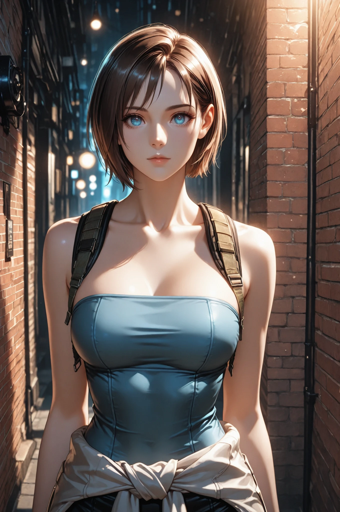 jill valentine, 1girl, solo, short hair, brown hair, blue eyes, medium breasts, tube top, skirt, clothes around waist, mature, eyesHD, high gradient eyes, detailed eyes, high definition eyes, upper body view, detailed portrait, anatomically accurate ratio, the girl is very beautiful, the girl has an incredibly beautiful face, detailed skin image. The girl looking directly at the viewer. The atmosphere is tense and gloomy. Night. The girl is standing in a narrow alley, the walls of which are made of brick, which creates a feeling of an enclosed space. The lighting is subdued, with an emphasis on the girl's figure, which enhances the drama of the scene. Pipes and elements of urban infrastructure are visible in the background, which emphasizes the urban style of the location. Masterpiece, best quality, vibrant, very aesthetic, high contrast, semirealistic, newest, proper lighting, proper shadows, detailed background.