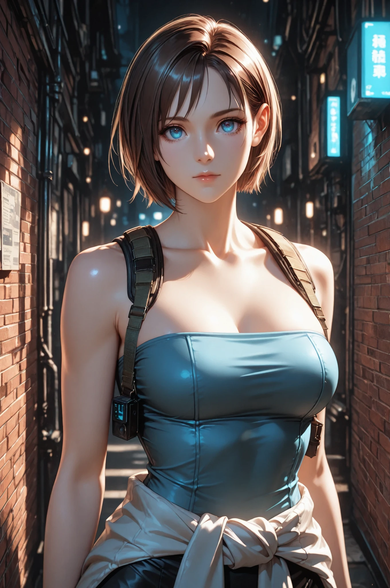 jill valentine, 1girl, solo, short hair, brown hair, blue eyes, medium breasts, tube top, skirt, clothes around waist, mature, eyesHD, high gradient eyes, detailed eyes, high definition eyes, upper body view, detailed portrait, anatomically accurate ratio, the girl is very beautiful, the girl has an incredibly beautiful face, detailed skin image. The girl looking directly at the viewer. The atmosphere is tense and gloomy. Night. The girl is standing in a narrow alley, the walls of which are made of brick, which creates a feeling of an enclosed space. The lighting is subdued, with an emphasis on the girl's figure, which enhances the drama of the scene. Pipes and elements of urban infrastructure are visible in the background, which emphasizes the urban style of the location. Masterpiece, best quality, vibrant, very aesthetic, high contrast, semirealistic, newest, proper lighting, proper shadows, detailed background.