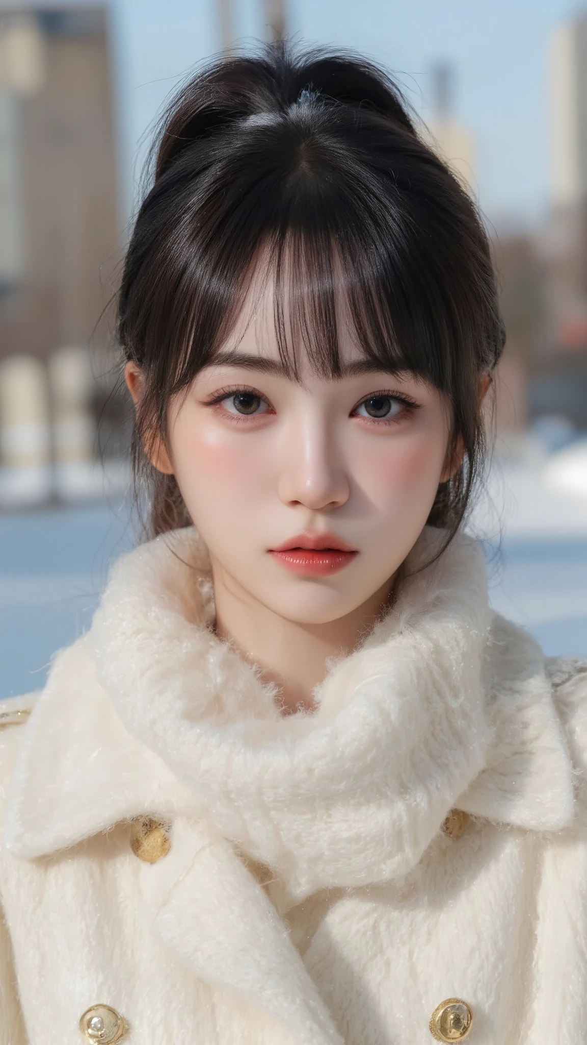 The coat is elegantly tailored, double-breasted with gold buttons, and has a slightly flared silhouette, giving it a stylish yet cozy look. She wears a soft ivory-white knitted scarf wrapped around her neck, draping gently over her coat,Snowy cityscape,Close up face,masutepiece,The highest image quality, High quality, the background is clear,Beautiful woman, Japanese, Detailed, Ultra-detailed, finely detail, hight resolution, 8K Wallpaper, Perfect dynamic composition, Beautiful detailed eyes ,Detailed eyes, Detailed skin, Beautiful skin, 超hight resolution, (reality: 1.4),Very beautiful woman, Slightly younger face, Beautiful skin, slender, (Ultra photo realsisim), (hight resolution), (8K), (Very detailed) (beautifully detailed eyes), (super detailed), (Detailed face), view the viewer, Fine details, Detailed face, Staring straight ahead, Staring straight ahead, photos realistic, Bright lighting, Professional Lighting, Black hair,poneyTail,a baby face,sixteen years old,Hairstyle: ponytail,Long ponytail hairstyle,slight smile,