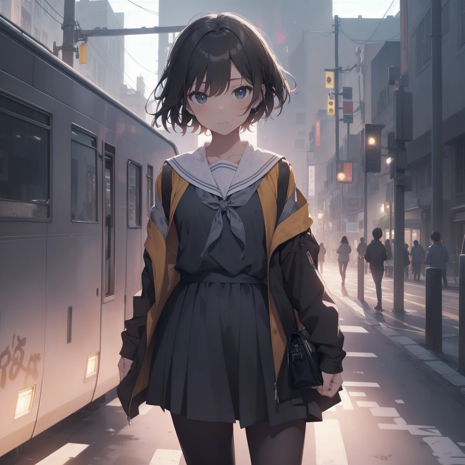 ultra-absurdres-Top quality by artist God, ultra-detailed, high resolution, anime moe artstyle, best anime 8k konachan wallpaper, pixiv contest winner, pool:2810, perfect ,break, 1girl, (Please draw a girl walking sleepily to school alone. )break,(Solo,little female, 13-year-old:1.3),Full limbs, complete fingers,a junior high school student, (very short hair), short cut, flat chest, , small butt, small black eyes, beautiful detailed eyes, well-proportioned iris and pupils, expressive eyes, highres detailed hair, soft expression, salor school_uniform, sailor collar, serahuku, bow, pleated skirt,(Detailed Lighting), (Detailed background), in the School commute route. break,super detailed skin, Best cinematic lighting powered by famous artist, 8k,beauty illustration,photoshop_(medium),very aesthetic,break,((artist:yukie_(kusaka_shi) )), artist:clamp ,artist:carnelian ,artist:kantoku ,
