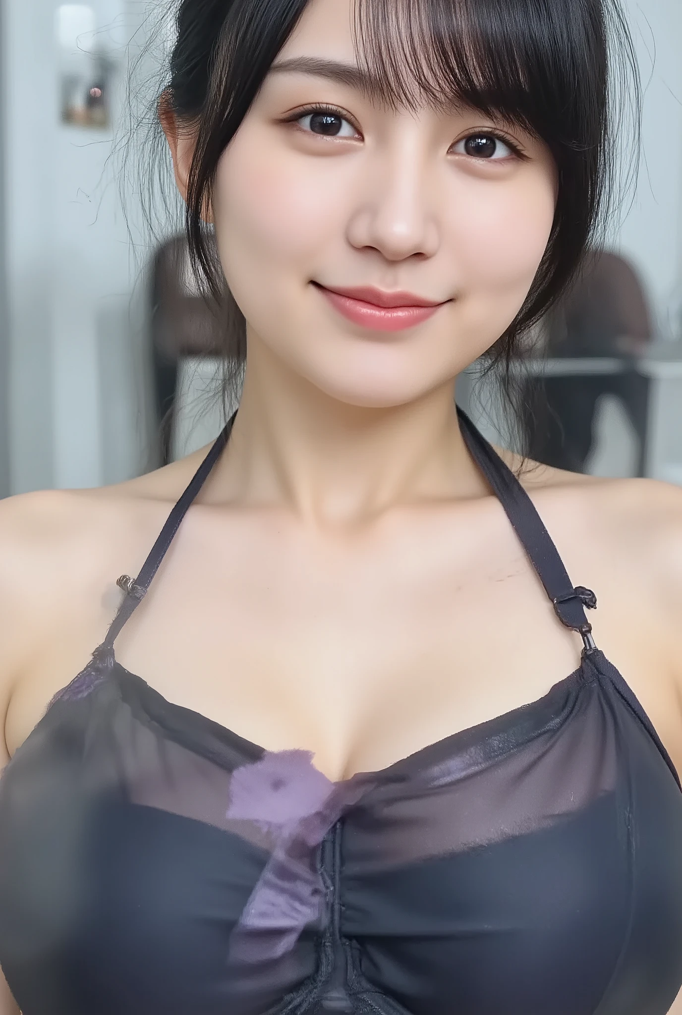 (a woman with huge breasts1By people),(((very short hair with chest in left hand))),((とても綺麗な短いdark hairedの女性)),(dark haired),( black hair with short hair),(have bangs),Realistic Portraits,Realism,Highest Quality,masterpieces,Highest Quality,best image quality,highest resolution,fine detail, beautiful detailed face,dark eyes,accurate upper body,realistic skin,(squint and smile),誰もいないIndoorで,in a late-night school classroom,wear large Kurobuchi glasses,((medium long hair in a luxury hotel room)),((wearing a shiny purple band bra made of vinyl fabric)),show me face forward,facing the front,Elaborate Upper Body ,arms are correctly shown,(wear large black-framed glasses on my face),(ホテルの暗いIndoorで立っている),(super big boobs),Indoor,(squint, show your teeth and smile),(wearing a shiny purple band bra made of vinyl fabric),