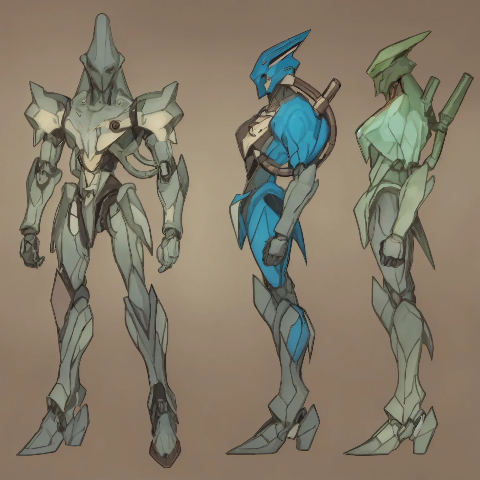 anime, flat color,
full body character turnaround of the robot, Multiple views of the same robot in the same outfit,
white background, simple background,
sci-fi, alien, armor, humanoid robot, cybernetic, exoskeleton, combat gear, mechanical, advanced technology, sleek design, high-tech weaponry, metallic finish, futuristic, armored suit, robotic, 1girl, weapon, gun, horns, 
 <lora:wfMergedTurnXL:0.75>
<lora:CharTurnXLRetag_v4:0.25>