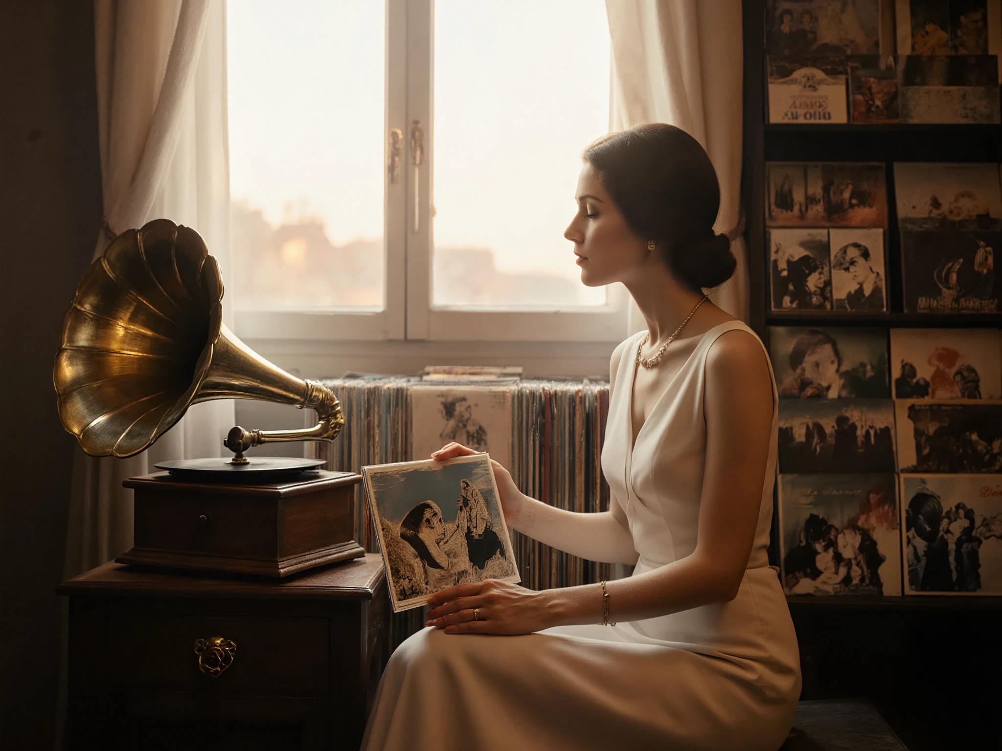 An Italian interior in the 1960s. An elegant lady sits by the window listening to music on a vintage gramophone. In her right hand she holds a record case featuring a movie scene illustration; her left hand rests lightly on her knee. The gramophone is a vintage model with a wooden cabinet and brass handle. Behind her, a shelf neatly holds various record cases adorned with movie illustrations. Warm twilight light streams through the window, casting a soft sepia-toned color palette. The graininess of film photography and the texture of vintage photos are expressed. The composition and emotional quality evoke the style of Antonioni's films.