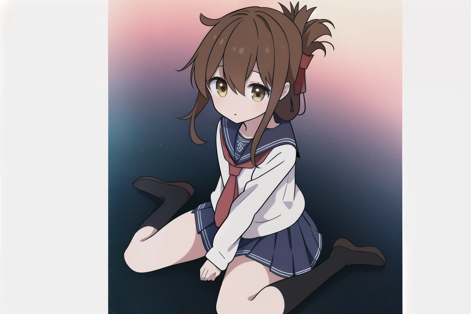 A girl in a miniskirt sailor uniform is sitting on the floor, feeling unwell and watching the class.,(masterpiece, best quality:1.2),illustration,8k,hd,1girl,solo,upper body,(portrait:1.2),brown_hair,folded_ponytail,brown_eyes,serafuku,long_hair,school_uniform,skirt,pleated_skirt,<lora:Inazuma>,thick thighs,better wariza wsitting